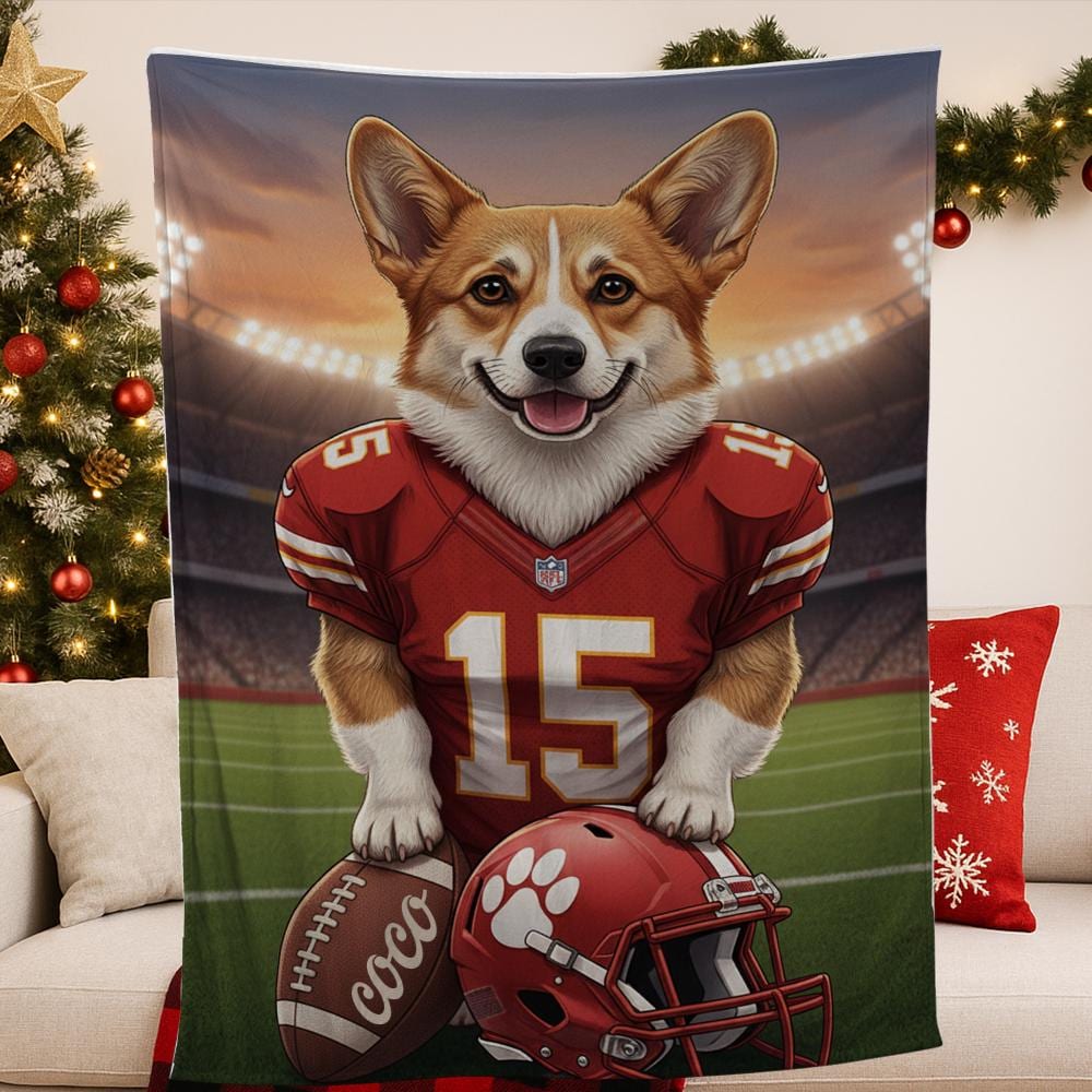 Custom Pet Sports Blanket | Personalized Dog Football Fleece Throw | Pet Portrait Stadium Decor