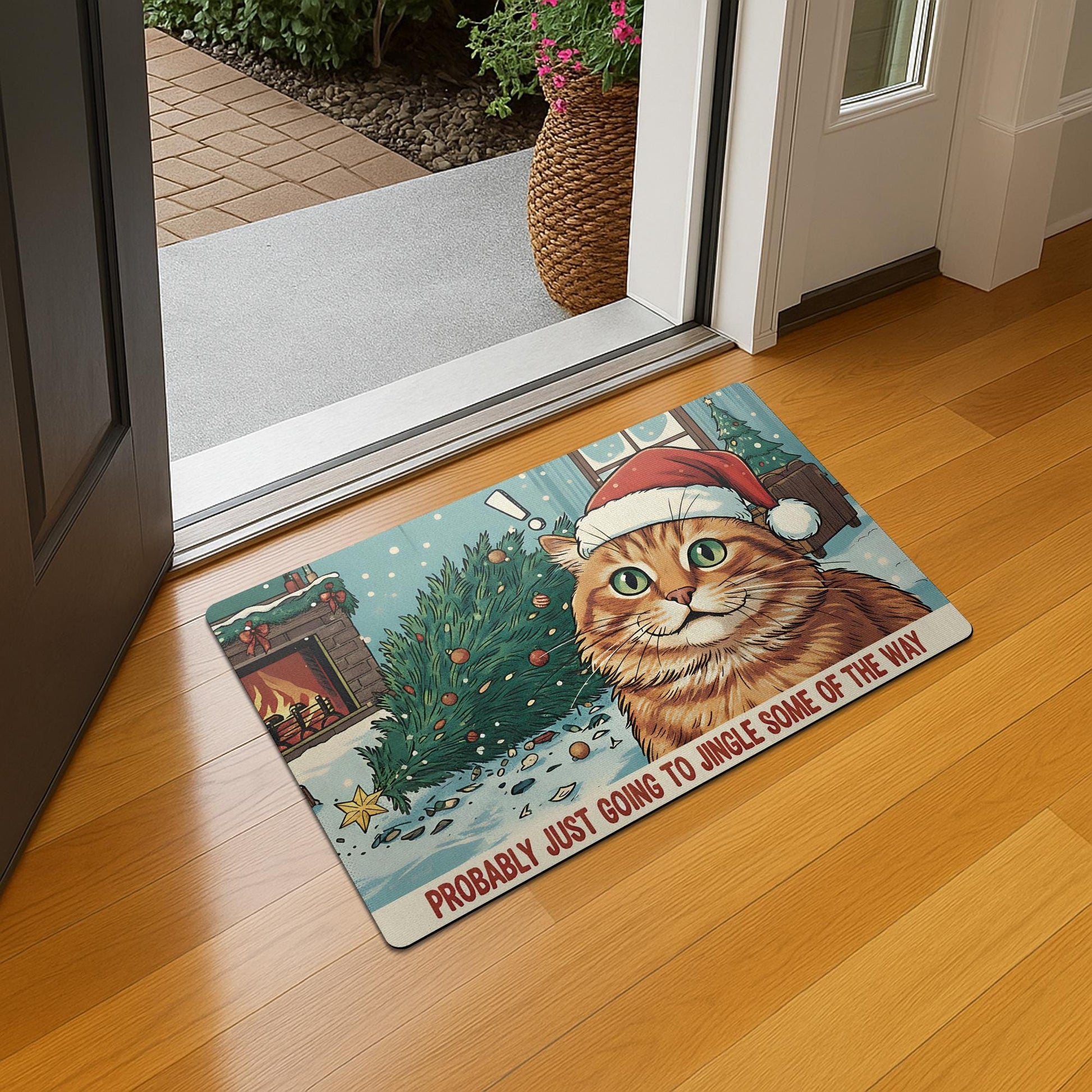Personalized Christmas Cat Doormat — “Probably Just Going to Jingle Some of the Way” Design — Indoor/Outdoor Rubber Mat