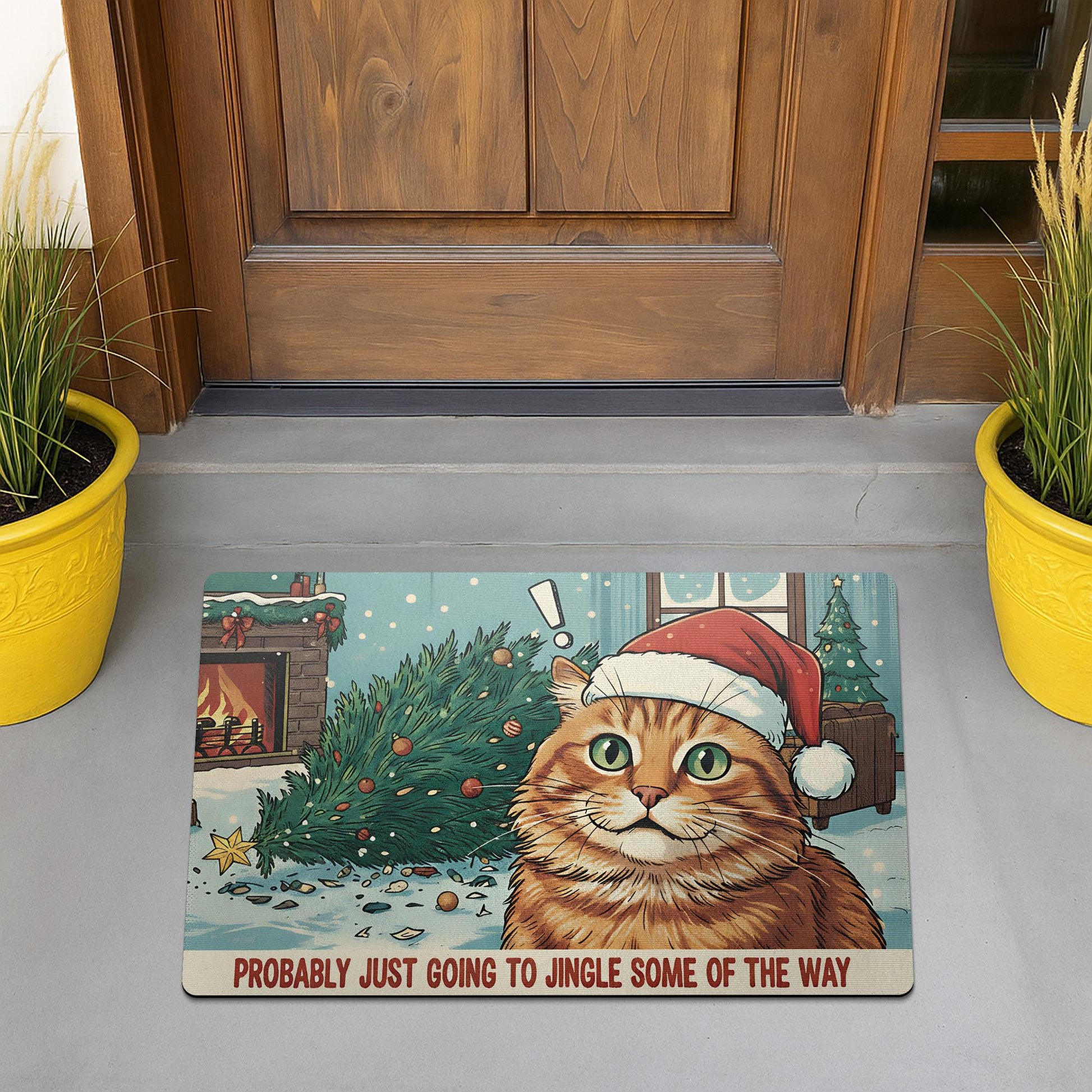 Personalized Christmas Cat Doormat — “Probably Just Going to Jingle Some of the Way” Design — Indoor/Outdoor Rubber Mat