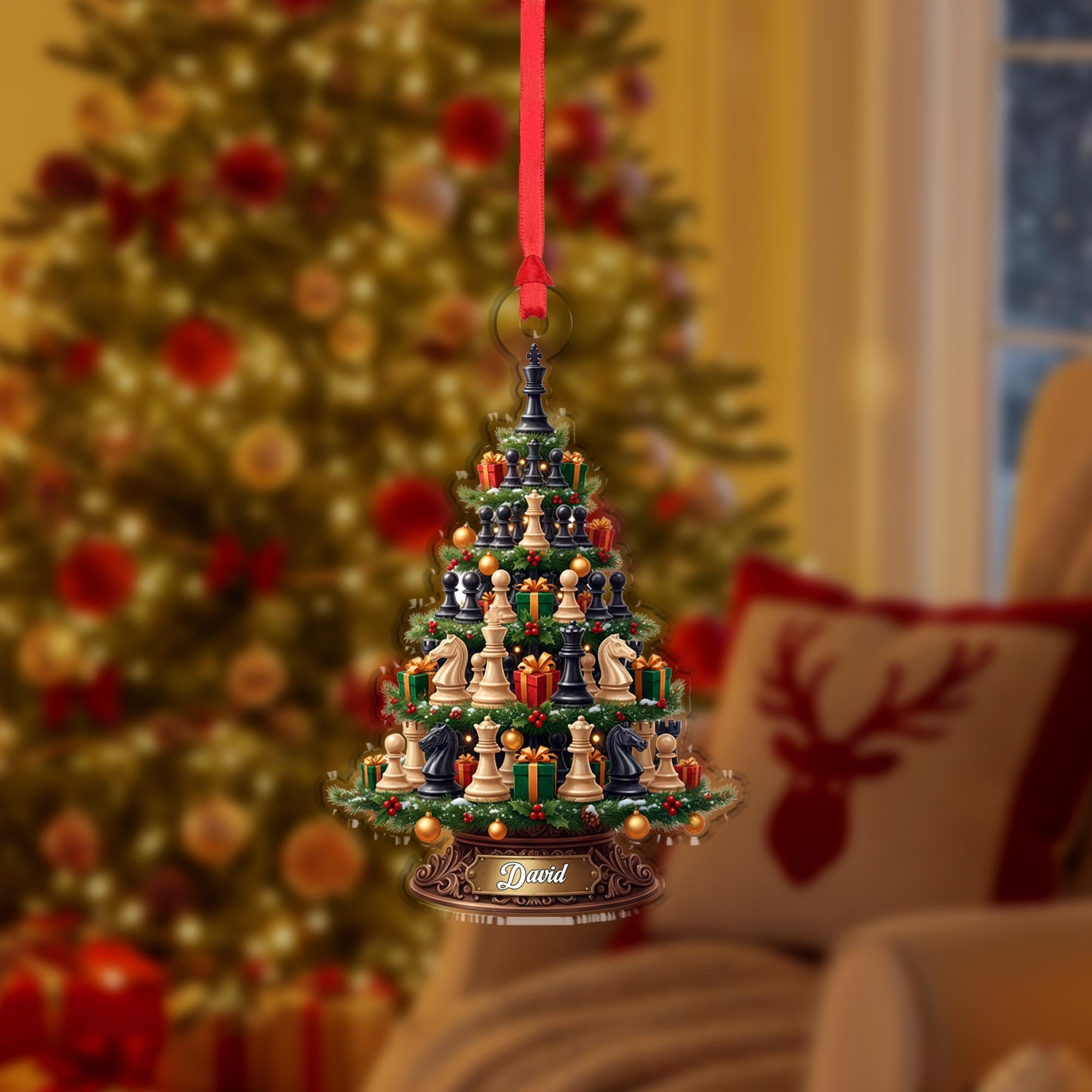 Personalized Chess Tree Christmas Ornament - Custom Engraved Name Board Game Gift