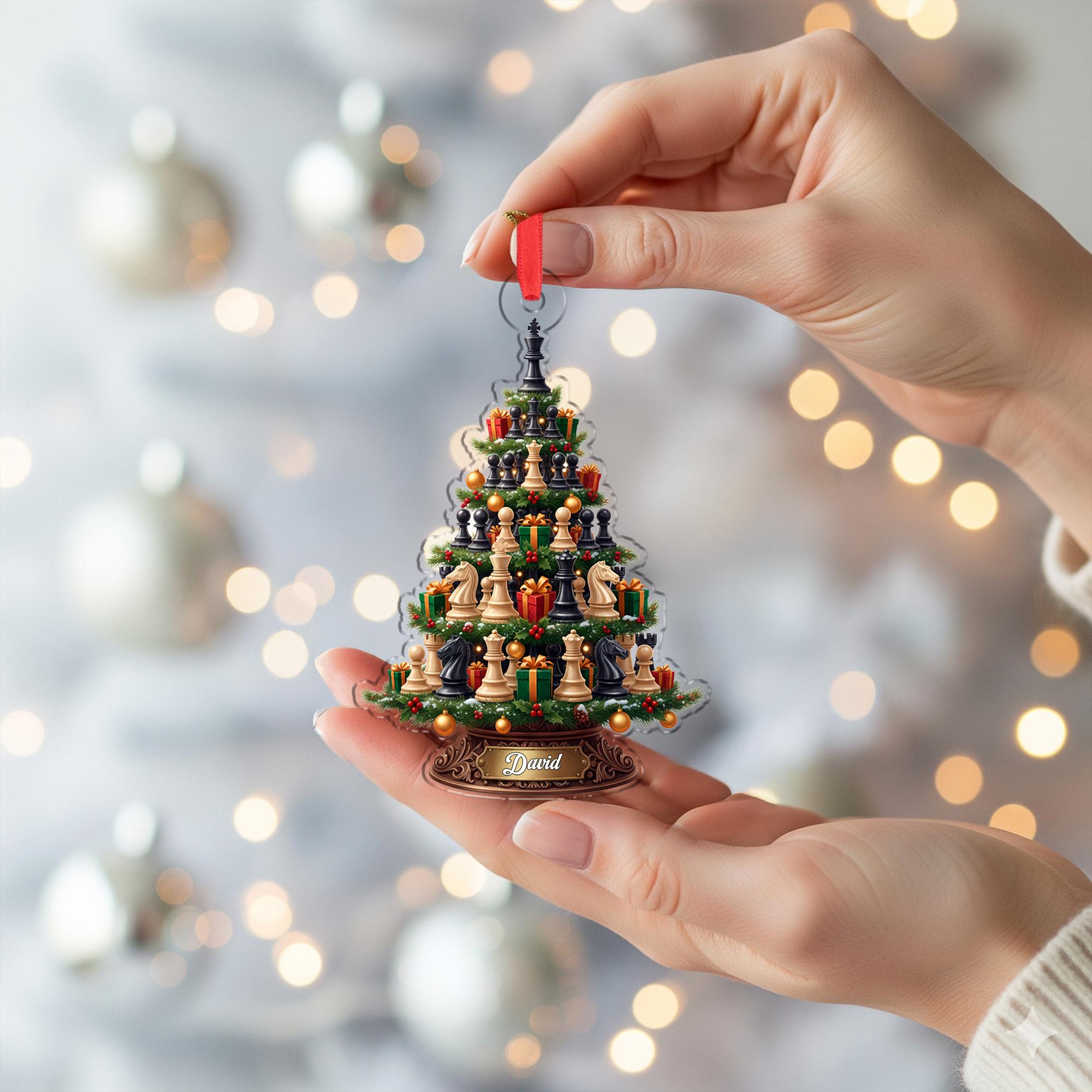 Personalized Chess Tree Christmas Ornament - Custom Engraved Name Board Game Gift