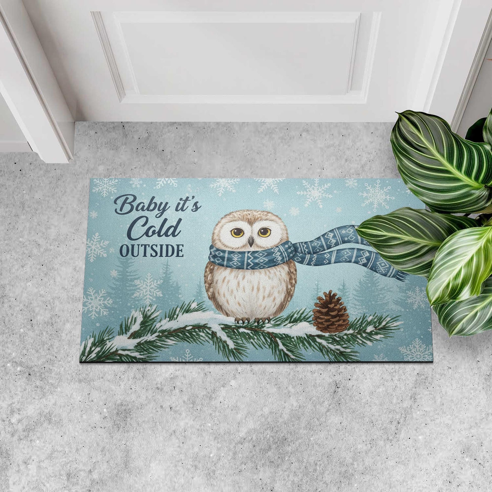 Custom Outdoor Snowy Owl Doormat – “Baby It’s Cold Outside” Winter Welcome Mat