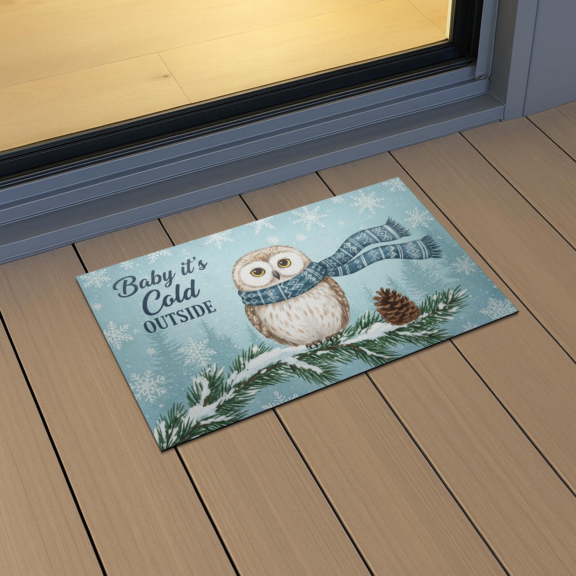 Custom Outdoor Snowy Owl Doormat – “Baby It’s Cold Outside” Winter Welcome Mat