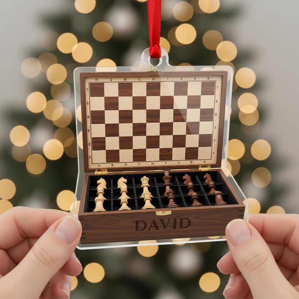 Personalized Chess Set Christmas Ornament - Custom Engraved Name Board Game Gift