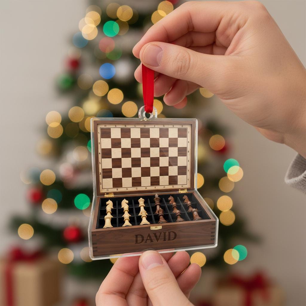 Personalized Chess Set Christmas Ornament - Custom Engraved Name Board Game Gift