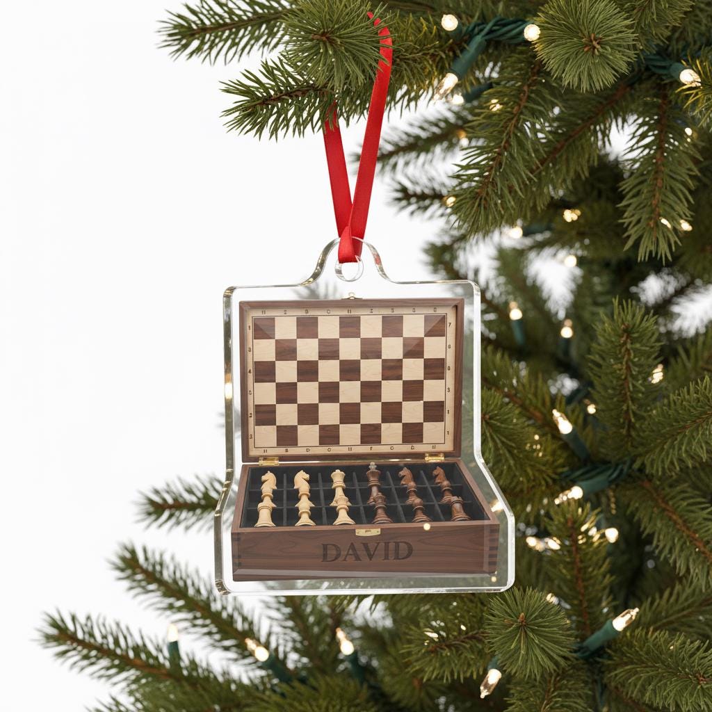 Personalized Chess Set Christmas Ornament - Custom Engraved Name Board Game Gift