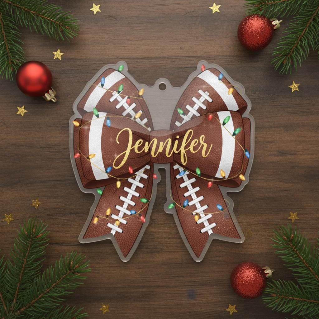 Personalized Football Bow Christmas Ornament - Custom Name Sports Team Fan Gift