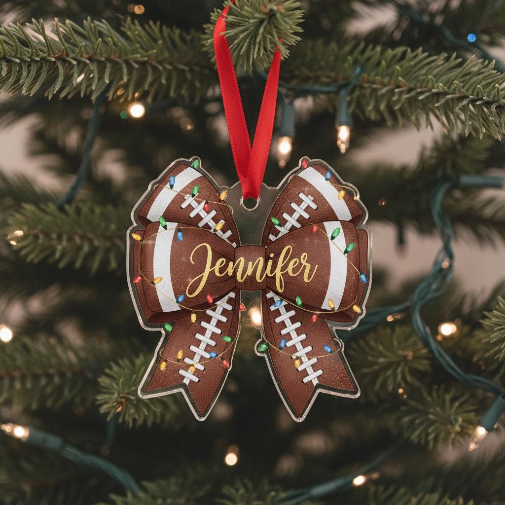 Personalized Football Bow Christmas Ornament - Custom Name Sports Team Fan Gift