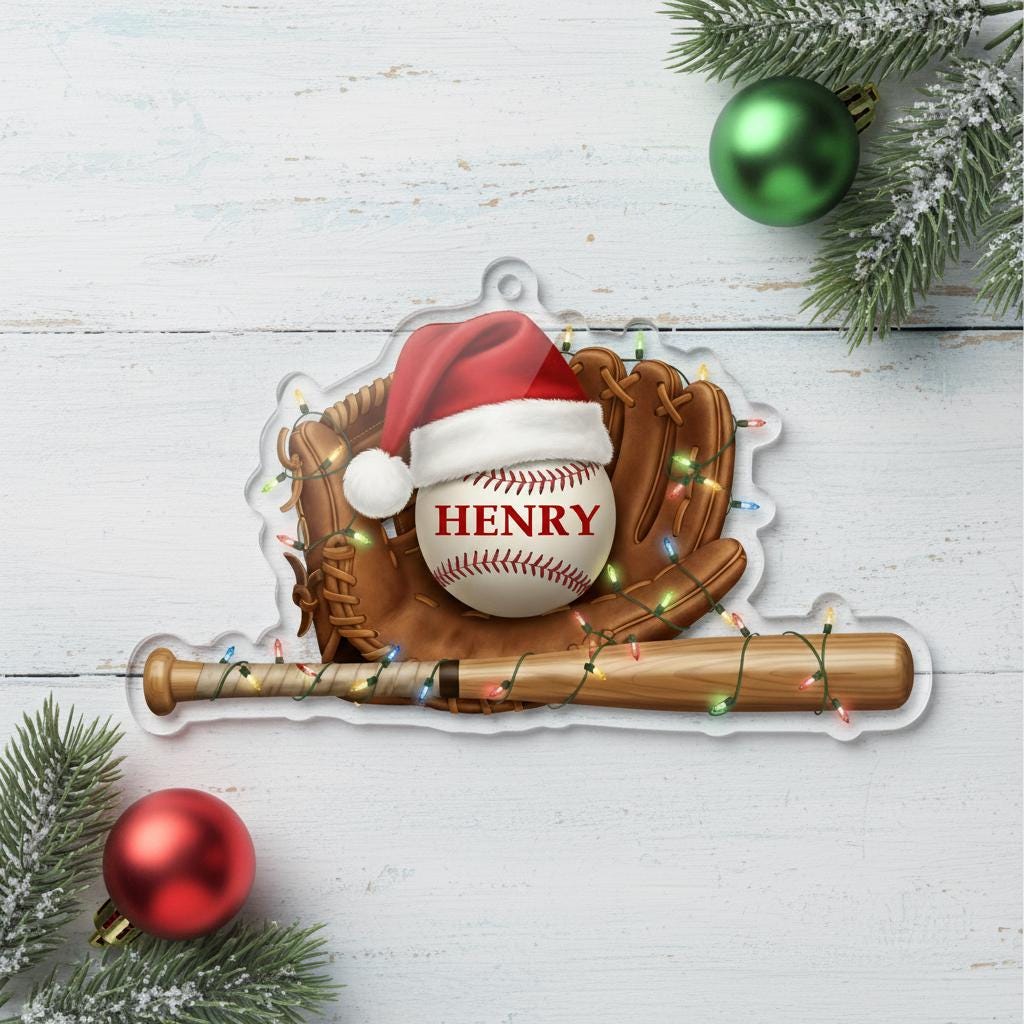 Personalized Baseball Glove Bat Christmas Ornament - Custom Name Player Team Gift
