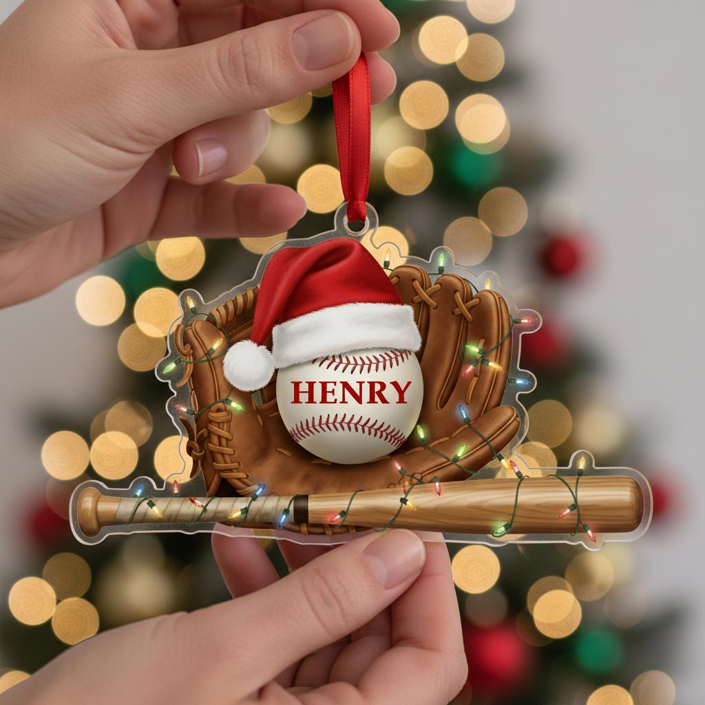 Personalized Baseball Glove Bat Christmas Ornament - Custom Name Player Team Gift