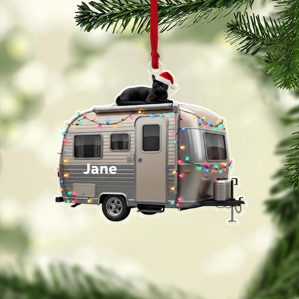 Personalized Trailer Acrylic Ornament — Custom Name Cat Roof Holiday Ornament