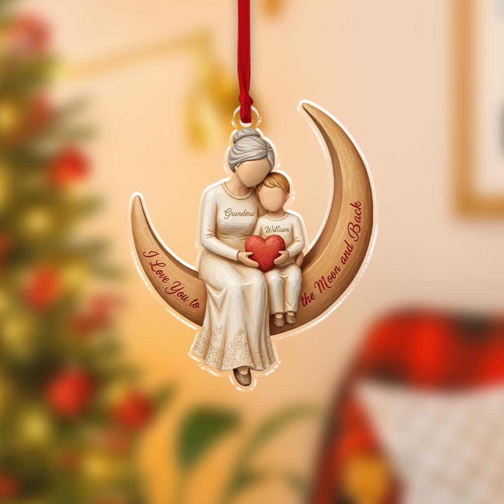 Personalized Acrylic Ornament — Custom Name Grandma & Child on Moon Scene
