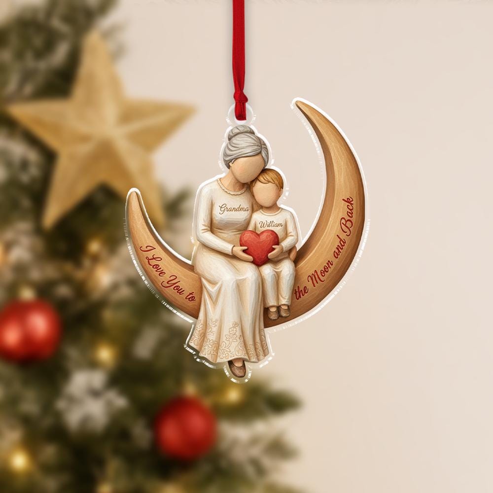 Personalized Acrylic Ornament — Custom Name Grandma & Child on Moon Scene