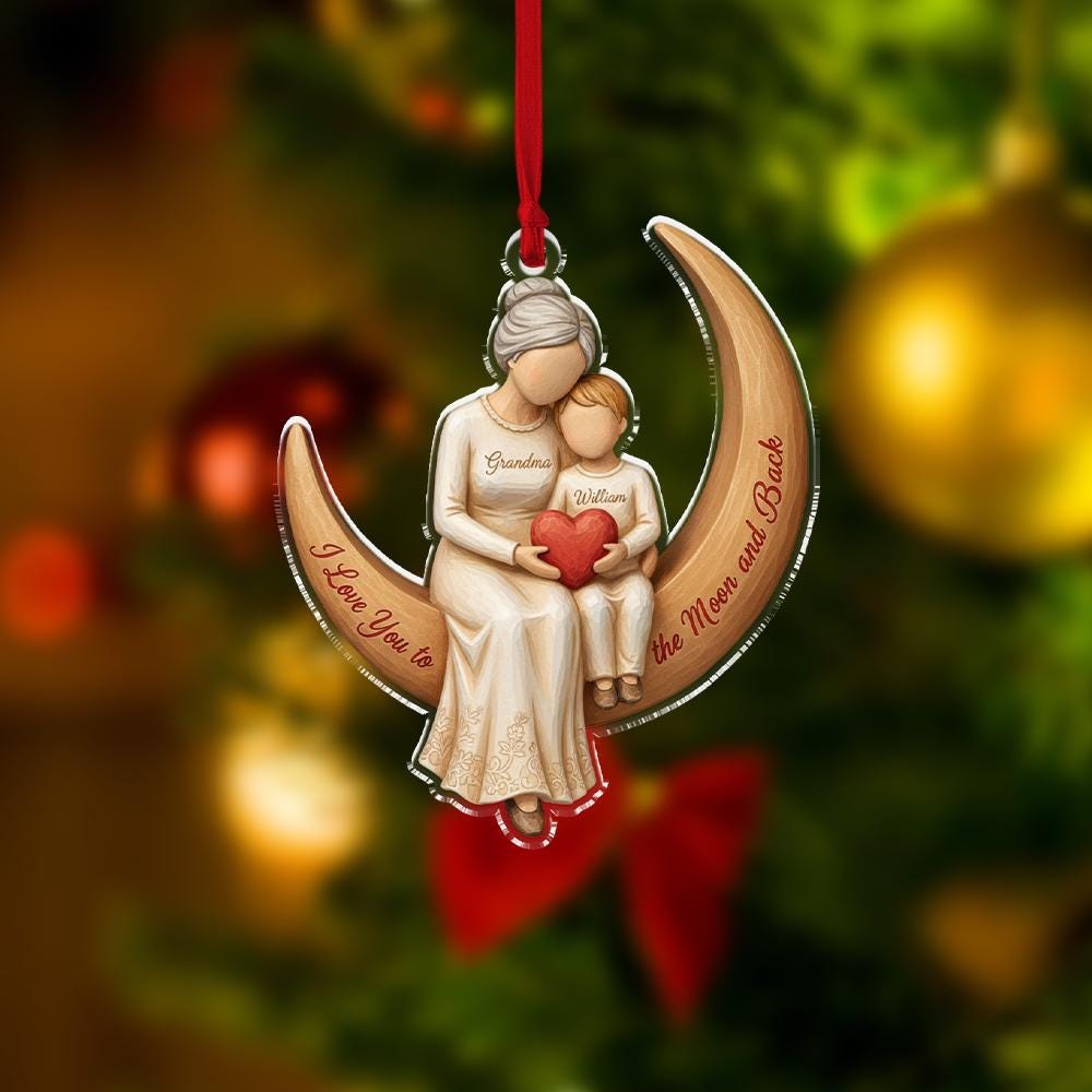 Personalized Acrylic Ornament — Custom Name Grandma & Child on Moon Scene