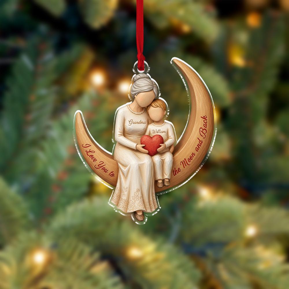 Personalized Acrylic Ornament — Custom Name Grandma & Child on Moon Scene
