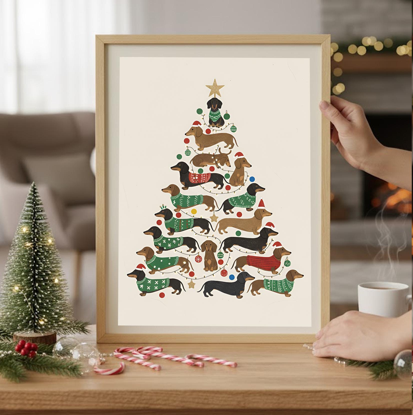 Holiday Dachshund Unframed Poster Print: Dog Christmas Tree Art