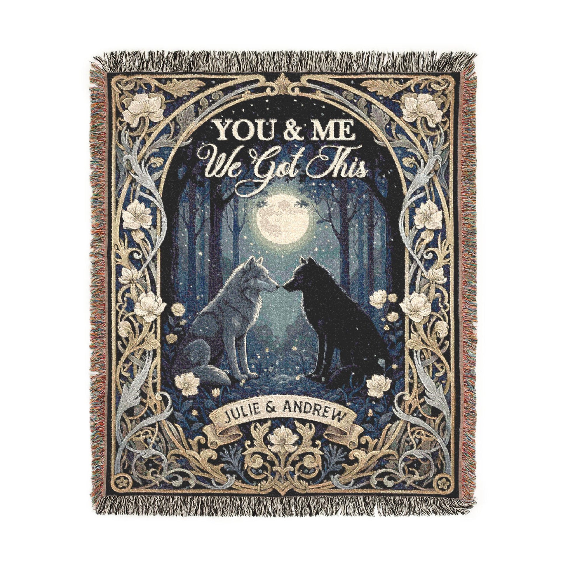 Custom Wolf Couple Woven Blanket: Forest Moon Design, Personalized Names, Anniversary Wall Tapestry