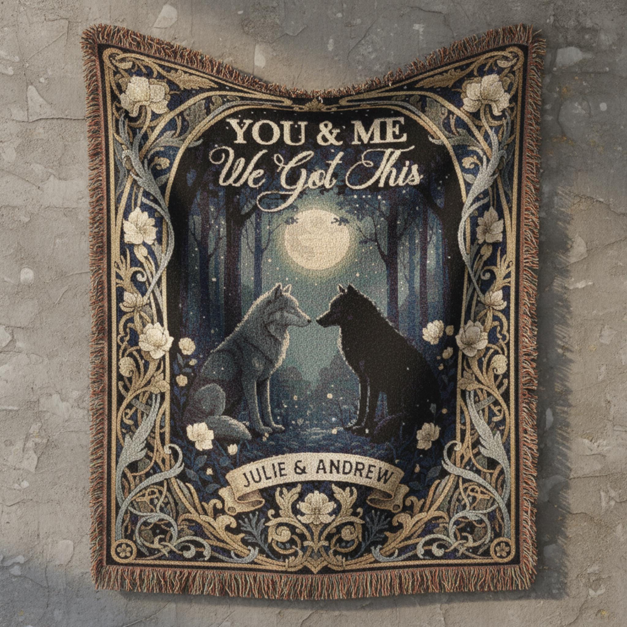 Custom Wolf Couple Woven Blanket: Forest Moon Design, Personalized Names, Anniversary Wall Tapestry