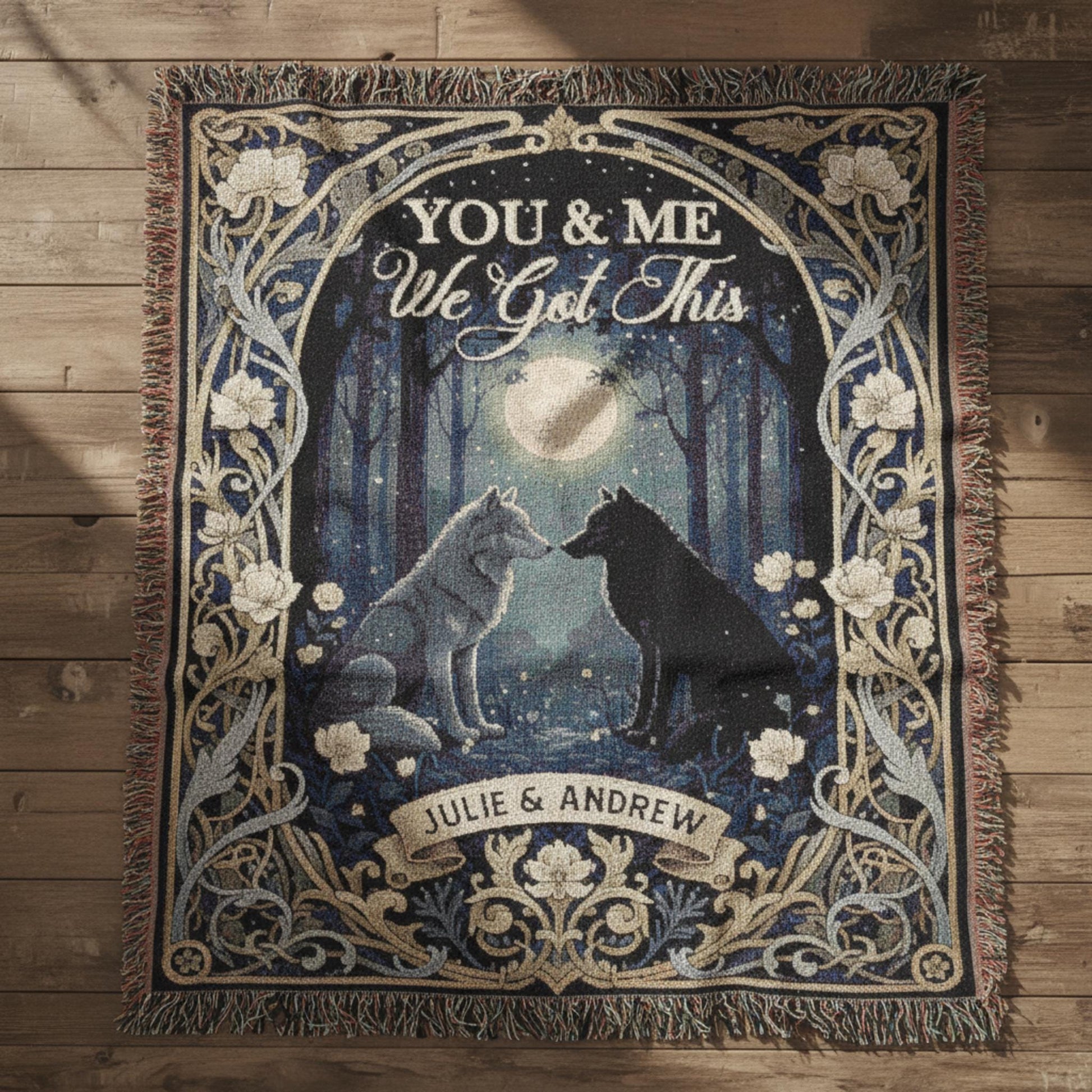 Custom Wolf Couple Woven Blanket: Forest Moon Design, Personalized Names, Anniversary Wall Tapestry