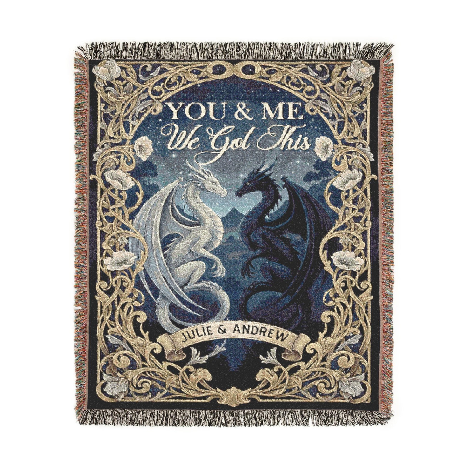 Custom Dragon Couple Woven Blanket: Night Sky Tapestry, Personalized Names Anniversary Decor