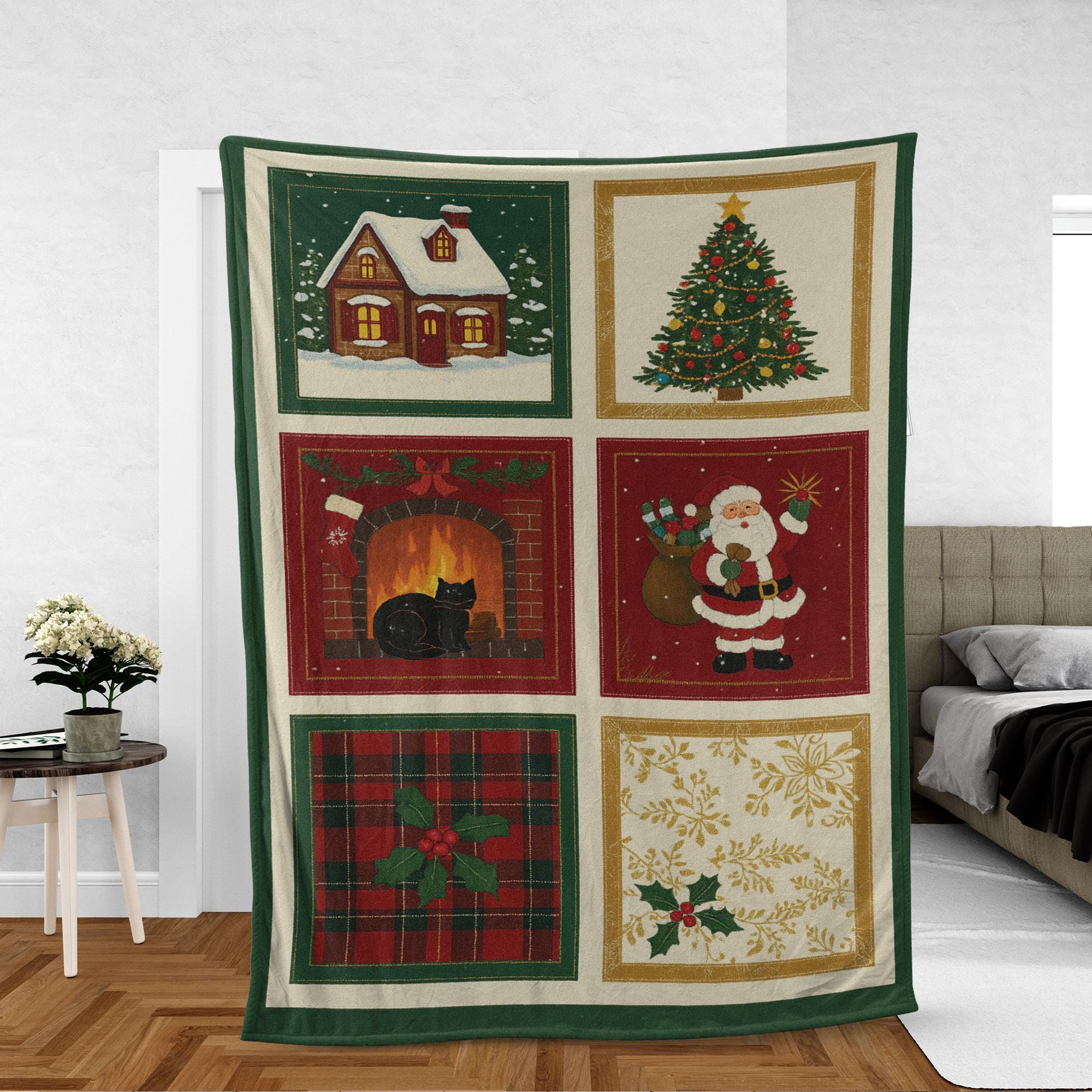 Christmas Fleece Blanket | Holiday Patchwork style Santa Tree Decor