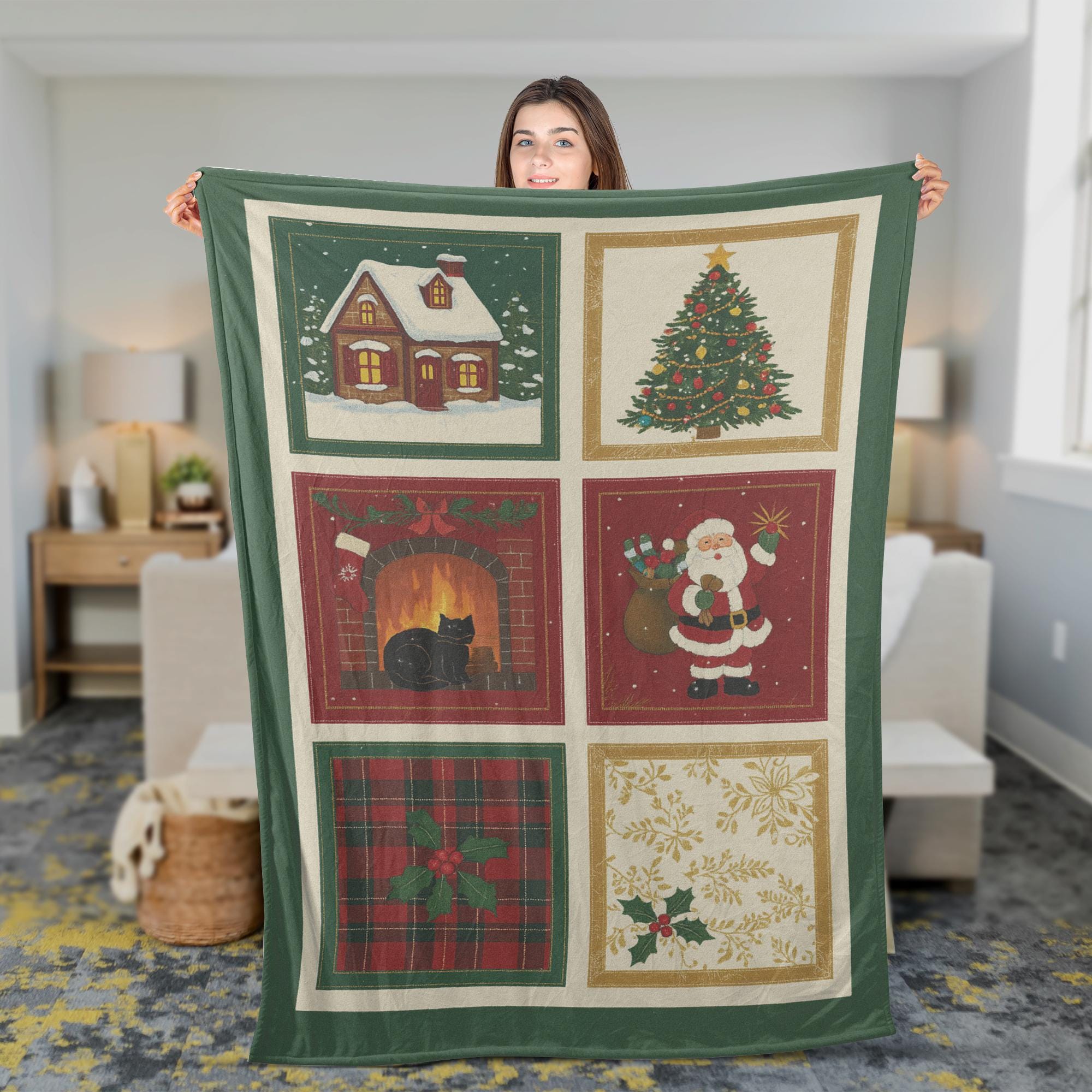 Christmas Fleece Blanket | Holiday Patchwork style Santa Tree Decor