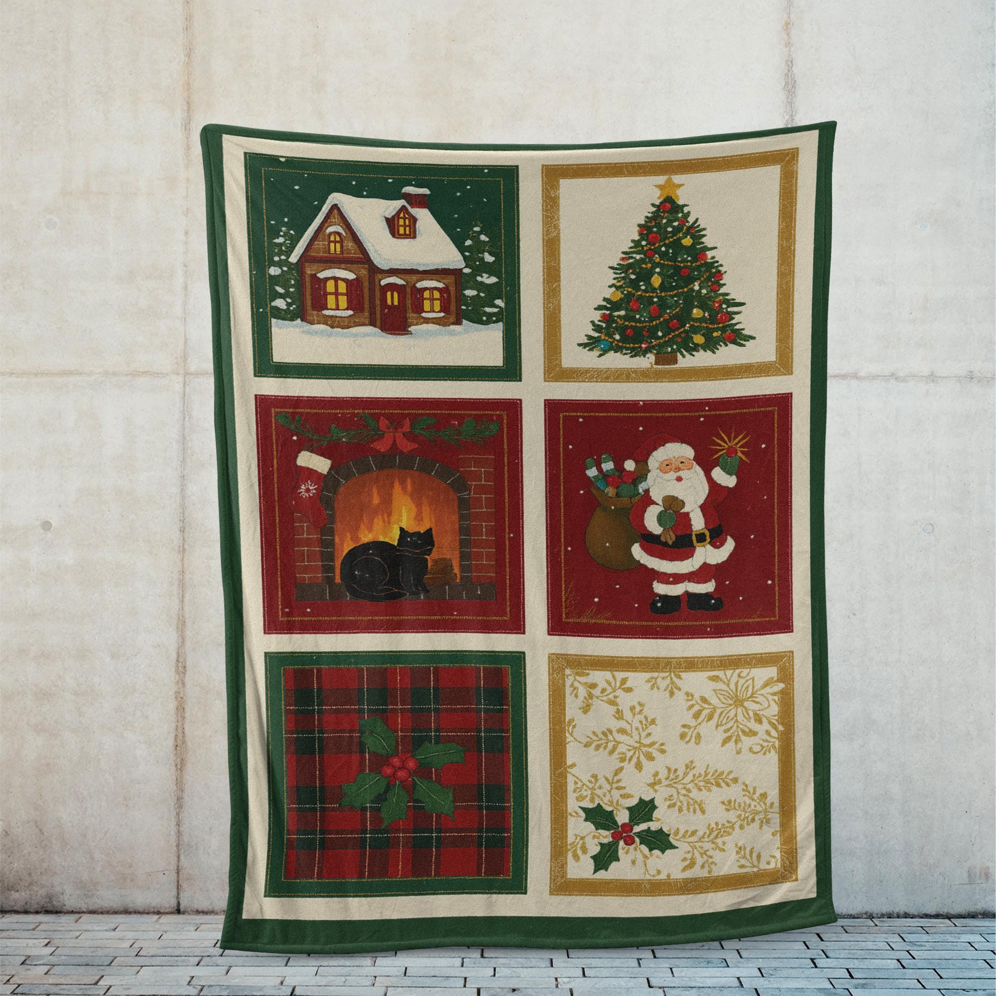 Christmas Fleece Blanket | Holiday Patchwork style Santa Tree Decor