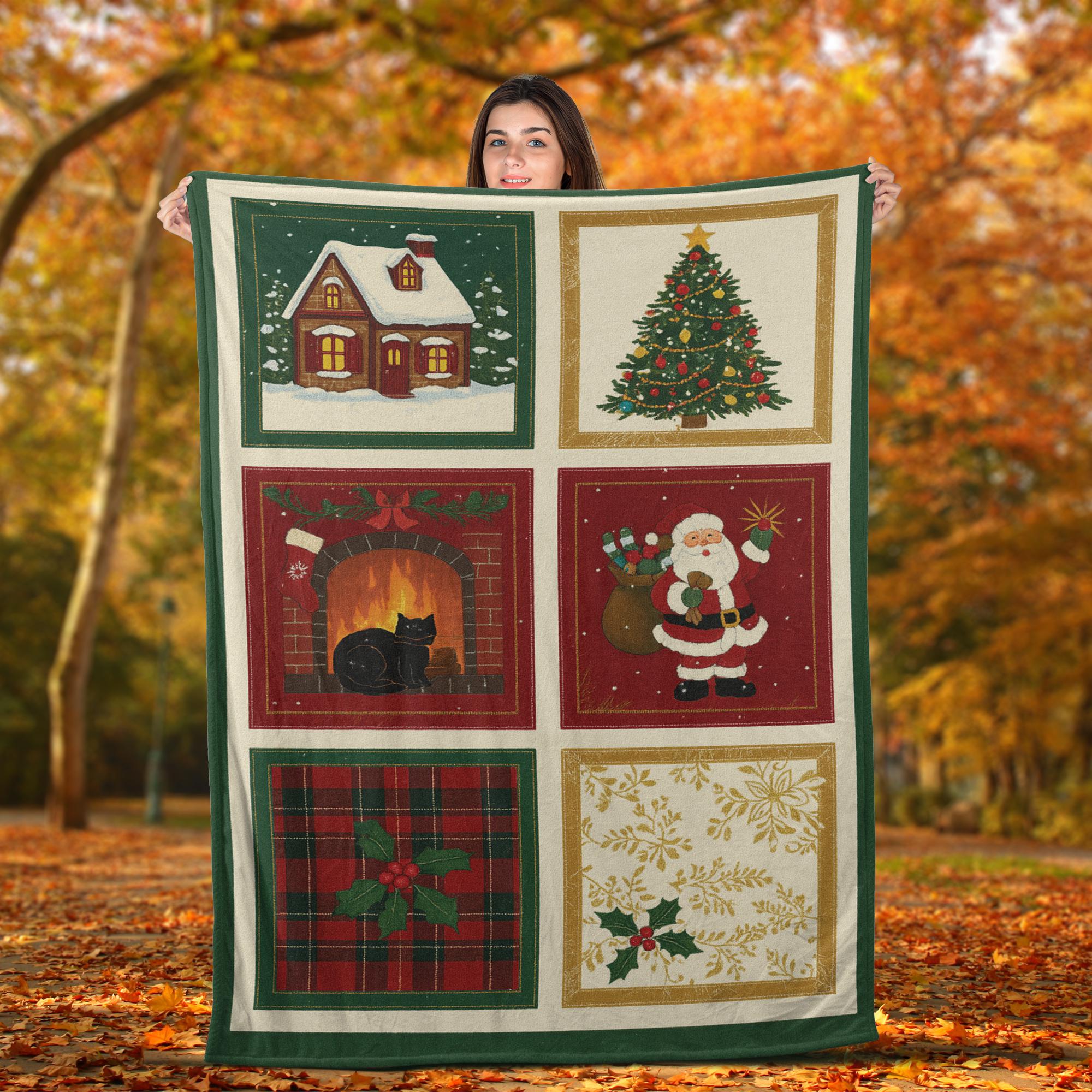 Christmas Fleece Blanket | Holiday Patchwork style Santa Tree Decor