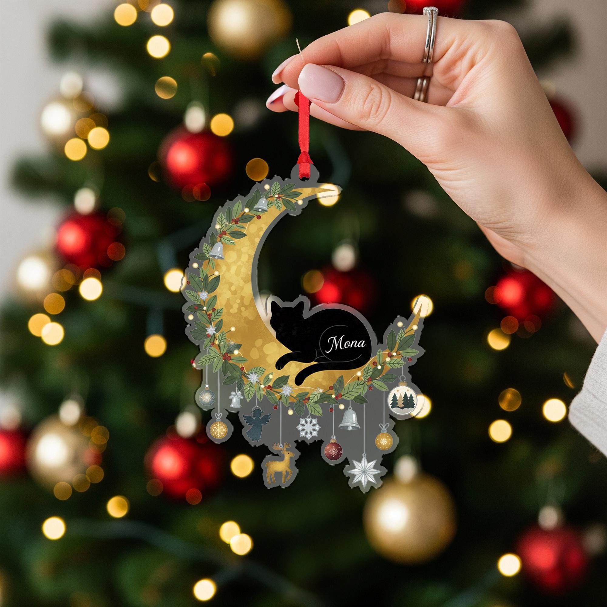 Personalized Cat Moon Christmas Ornament – Acrylic Hanging Decoration with Gold Crescent and Holiday Charms