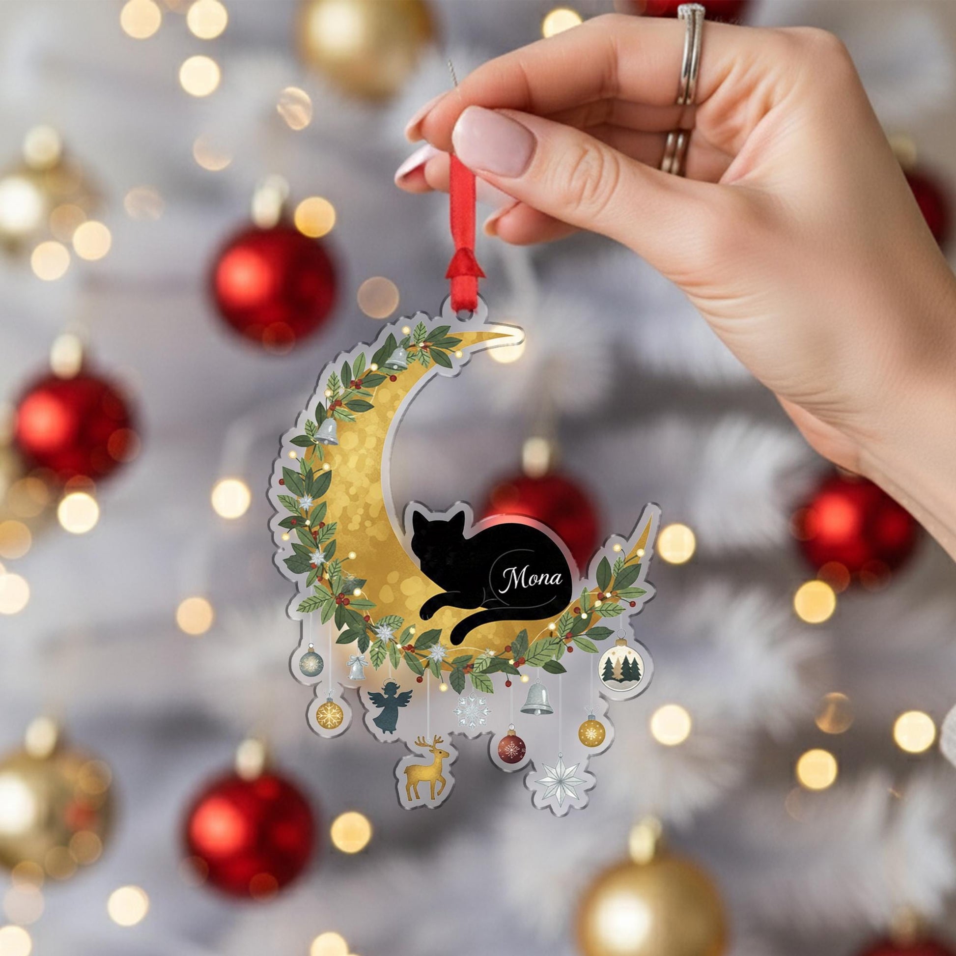 Personalized Cat Moon Christmas Ornament – Acrylic Hanging Decoration with Gold Crescent and Holiday Charms