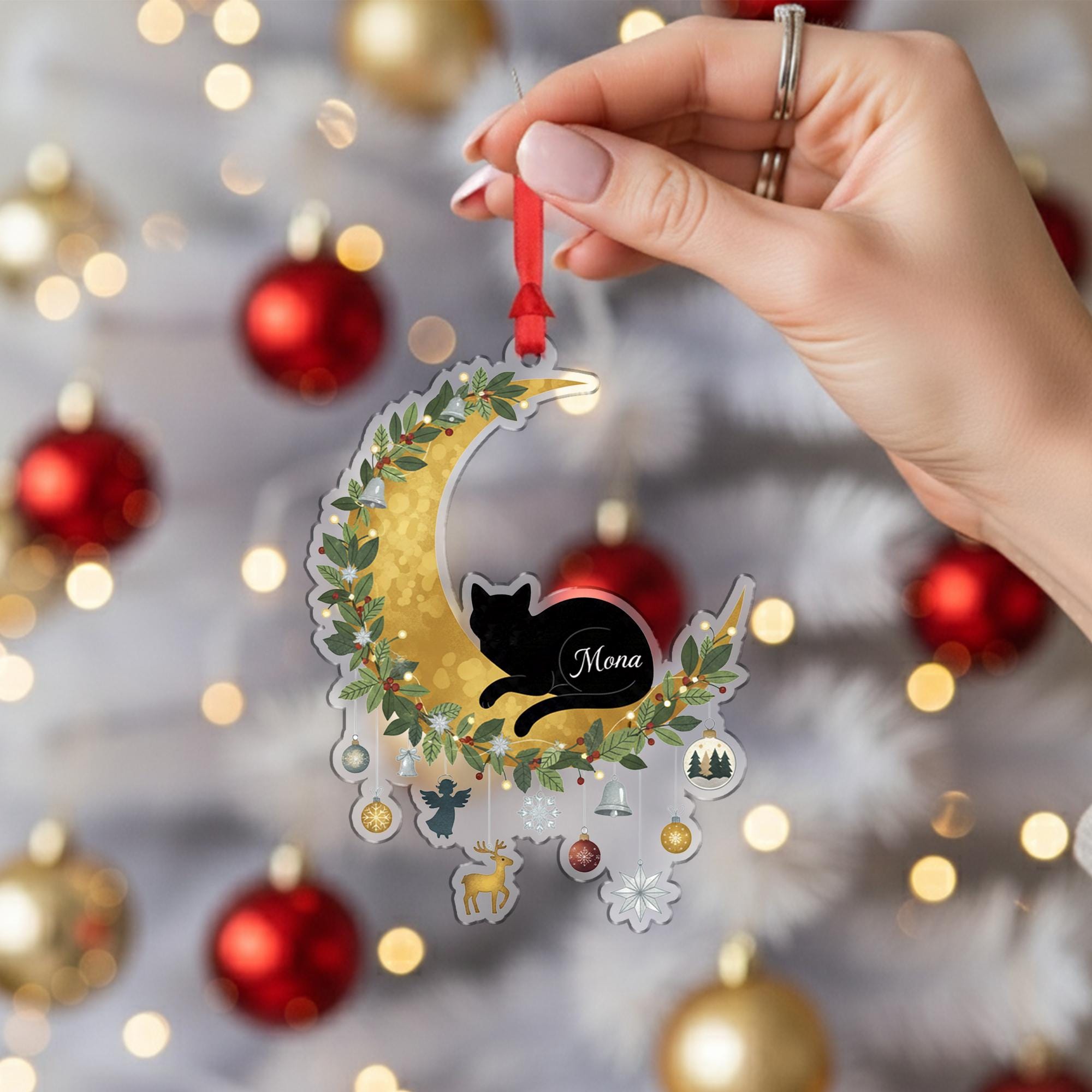 Personalized Cat Moon Christmas Ornament – Acrylic Hanging Decoration with Gold Crescent and Holiday Charms