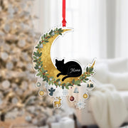 Personalized Cat Moon Christmas Ornament – Acrylic Hanging Decoration with Gold Crescent and Holiday Charms