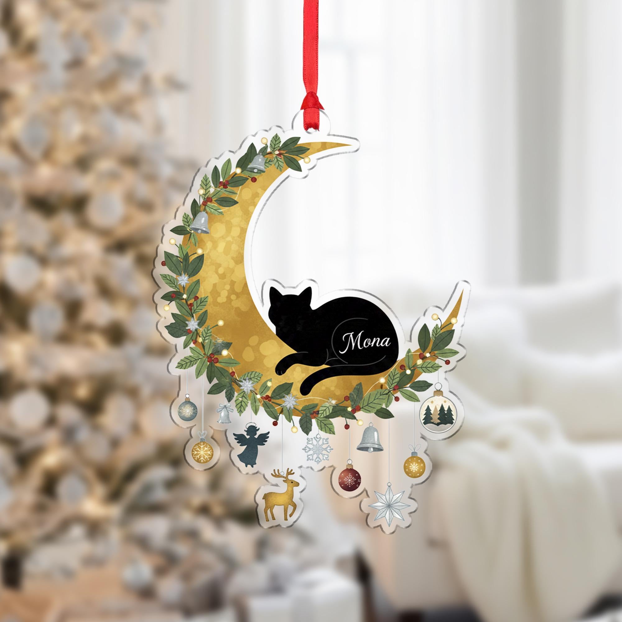 Personalized Cat Moon Christmas Ornament – Acrylic Hanging Decoration with Gold Crescent and Holiday Charms