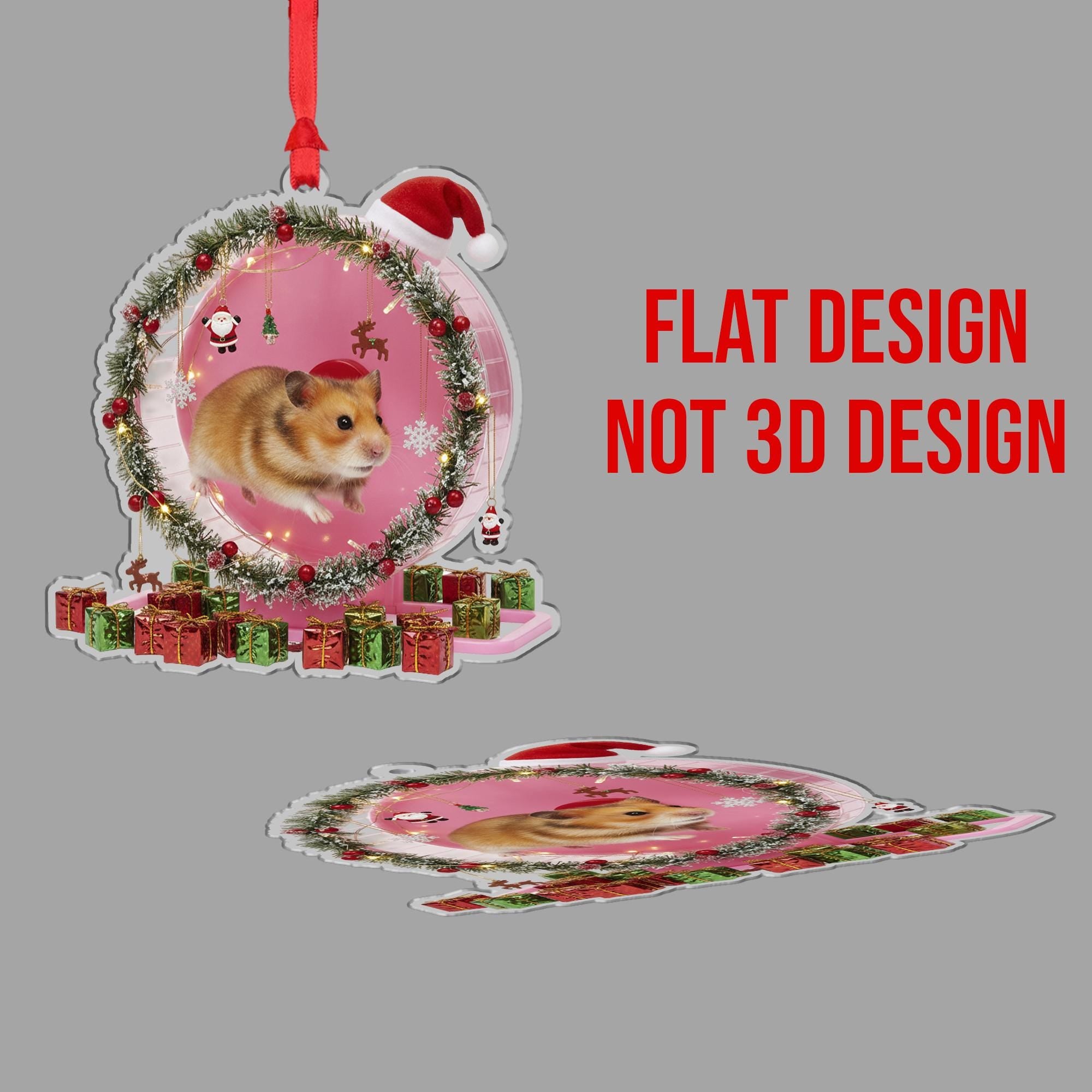 Hamster Christmas Ornament – Acrylic Hanging Decoration with Santa Hat and Gift Box Design