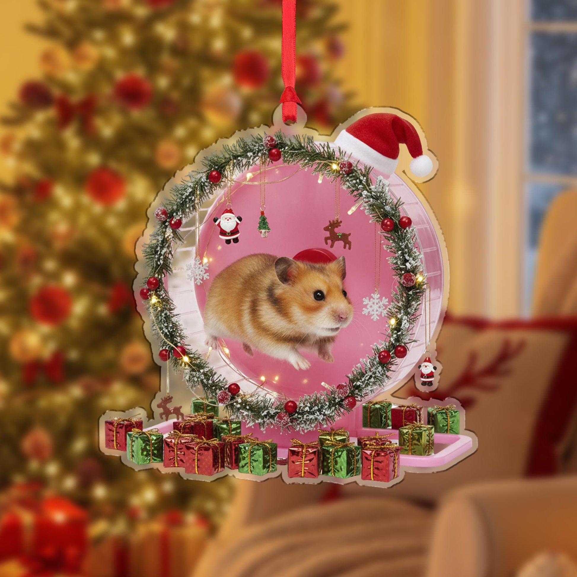 Hamster Christmas Ornament – Acrylic Hanging Decoration with Santa Hat and Gift Box Design