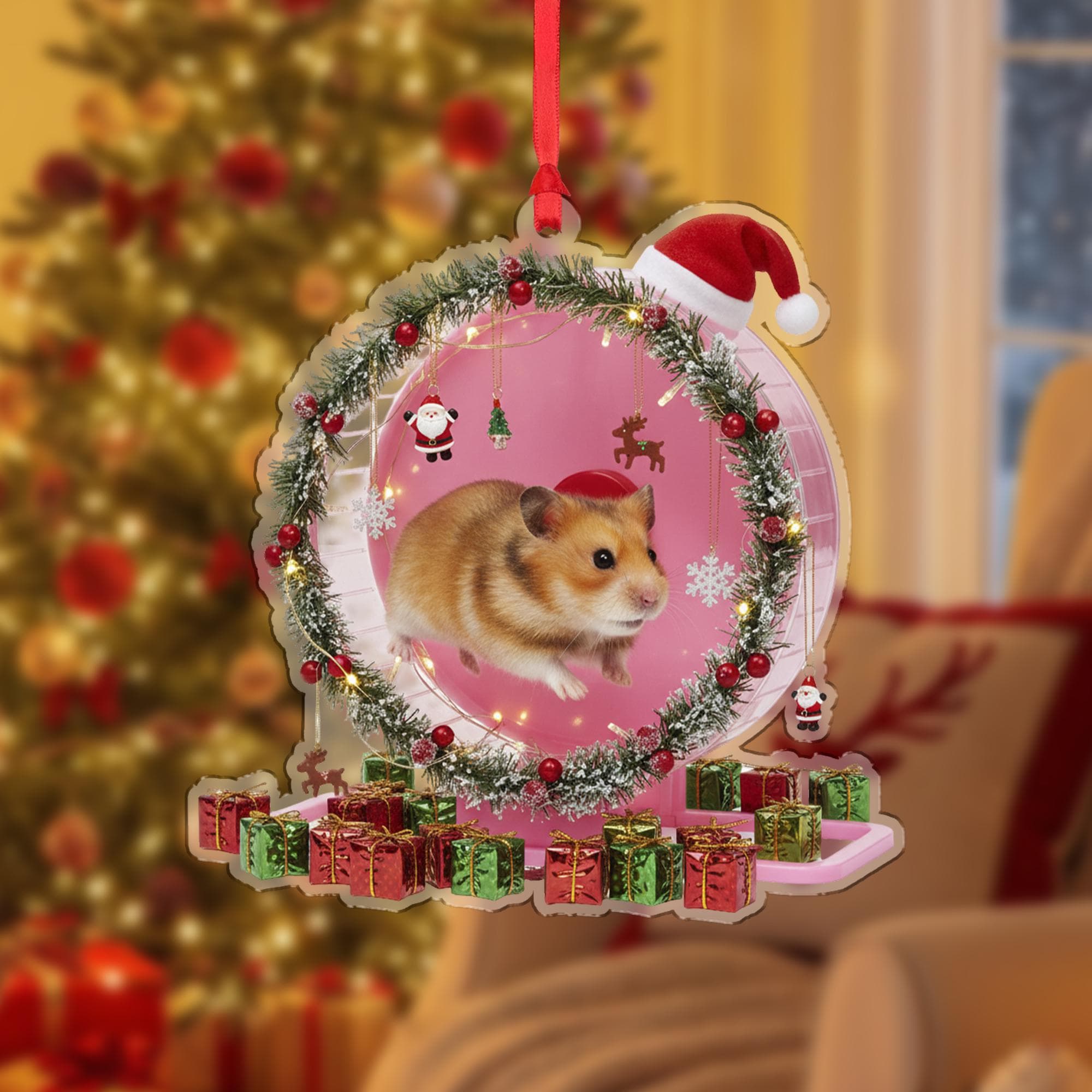 Hamster Christmas Ornament – Acrylic Hanging Decoration with Santa Hat and Gift Box Design