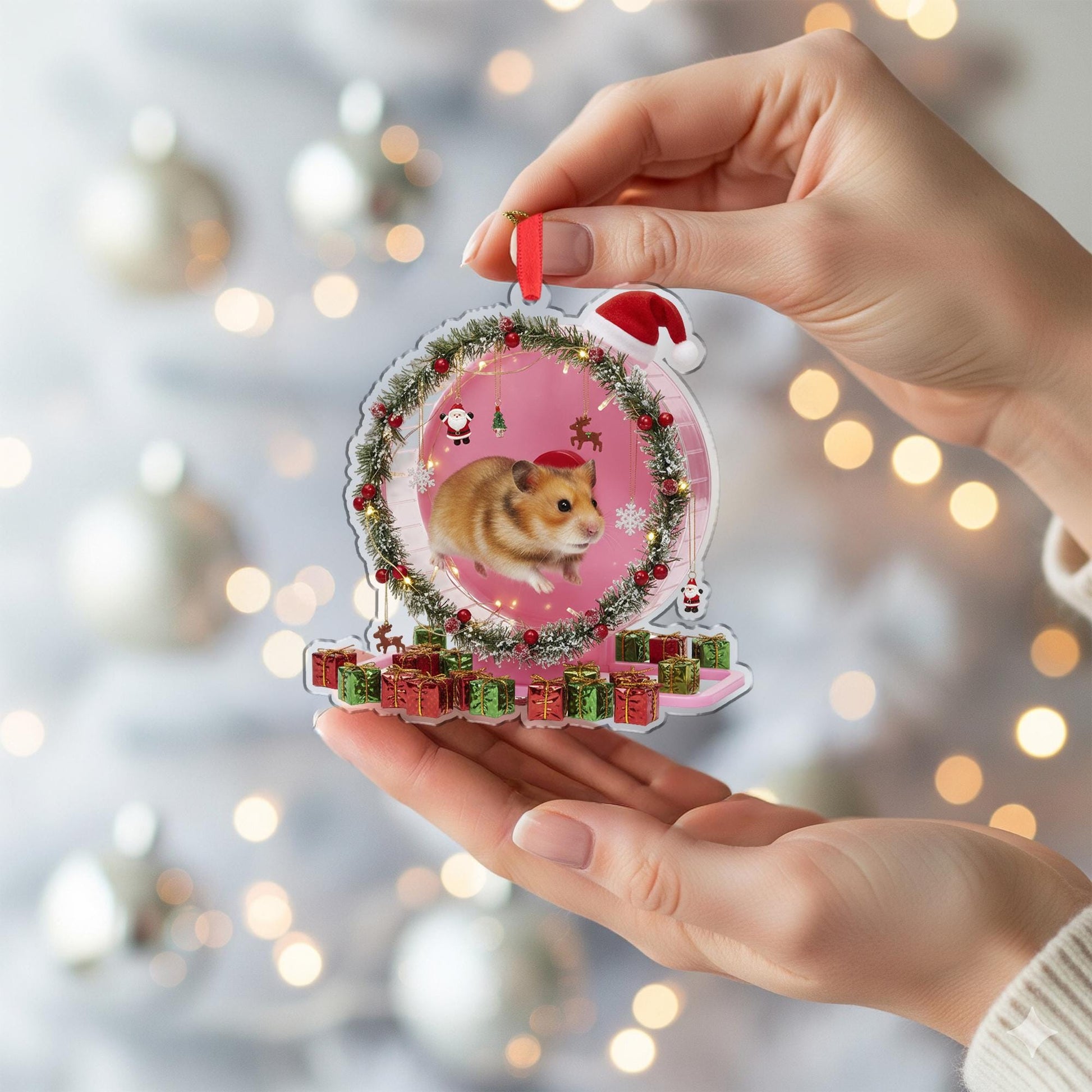 Hamster Christmas Ornament – Acrylic Hanging Decoration with Santa Hat and Gift Box Design