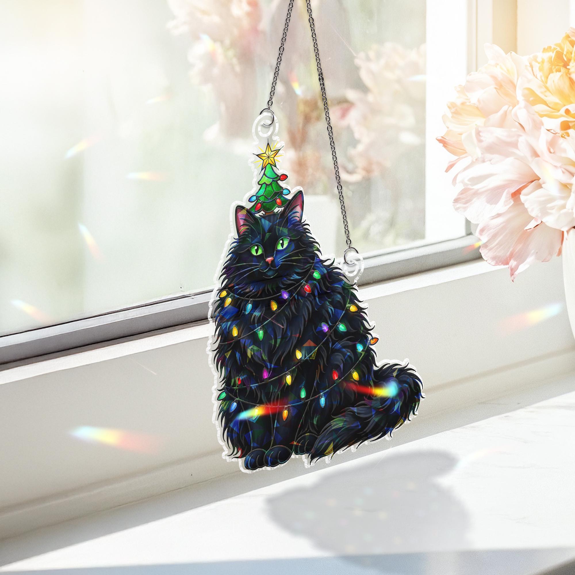Black Cat Christmas Window Hanging | Holographic Holiday Cat Ornament