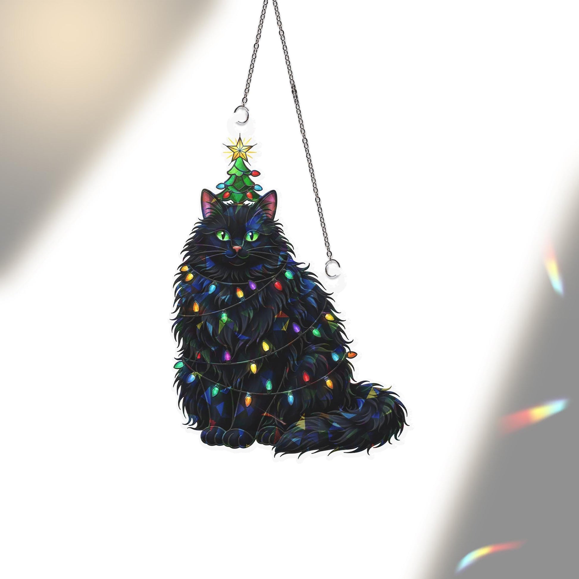 Black Cat Christmas Window Hanging | Holographic Holiday Cat Ornament