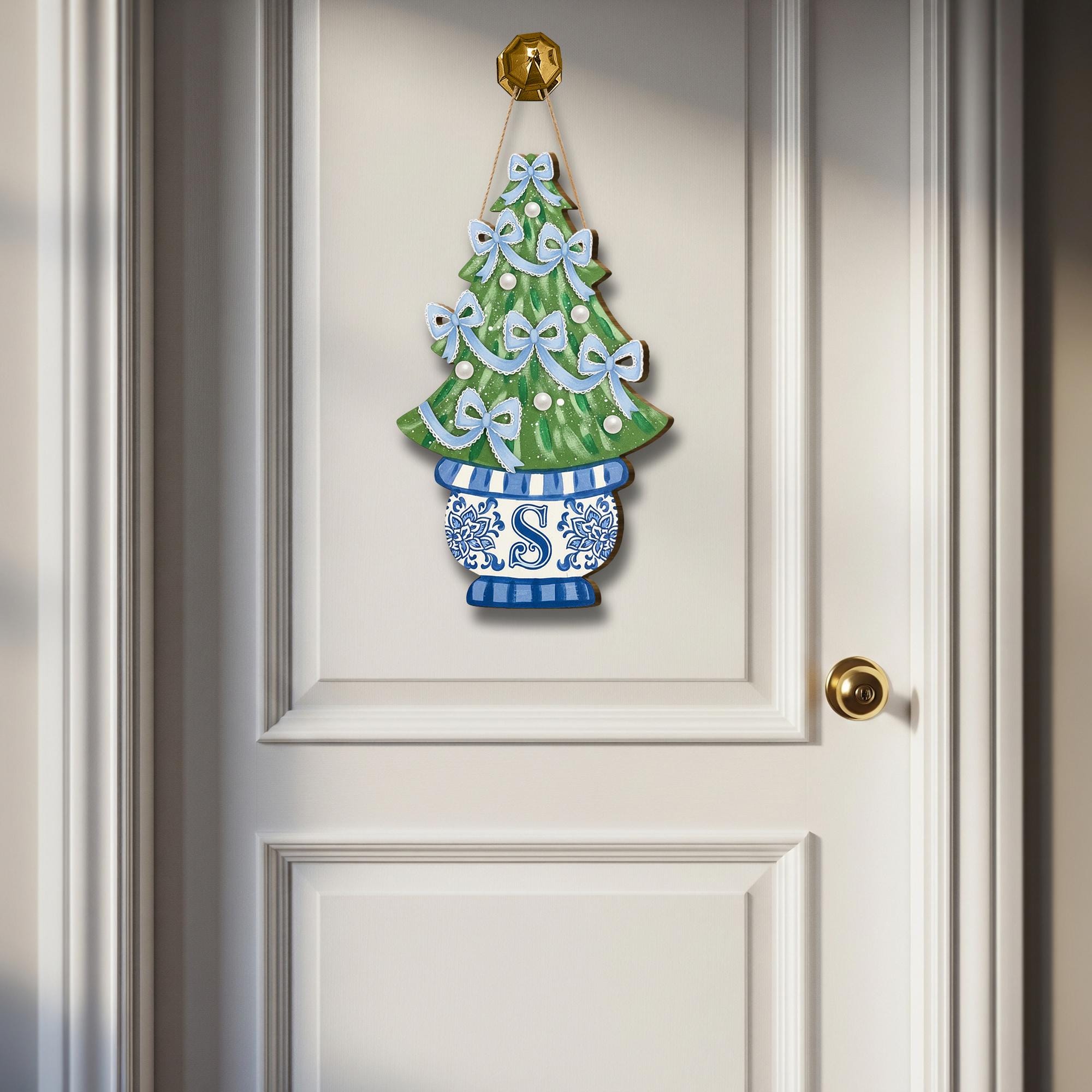 Monogram Christmas Tree Wooden Door Sign | Chinoiserie Holiday Decor