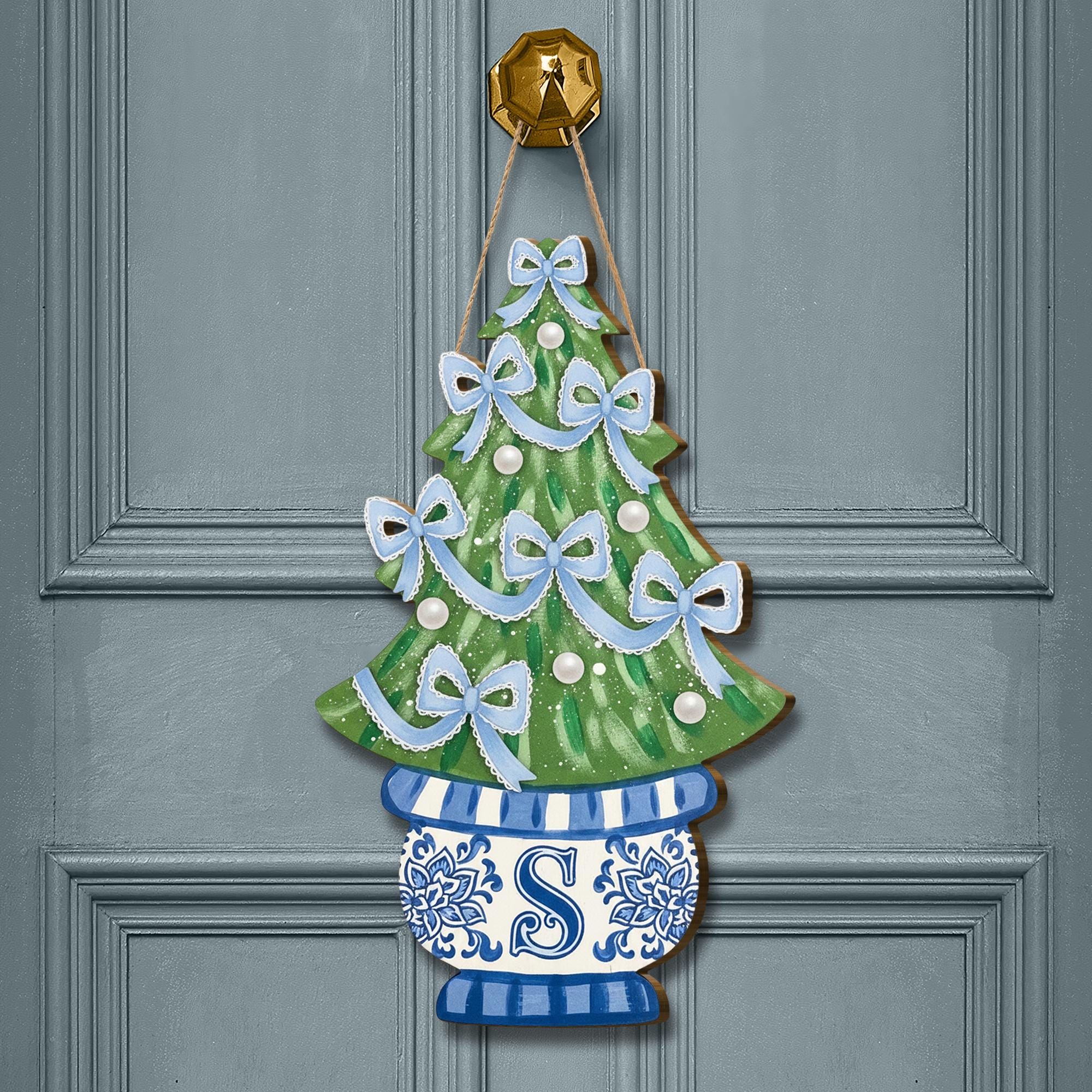 Monogram Christmas Tree Wooden Door Sign | Chinoiserie Holiday Decor