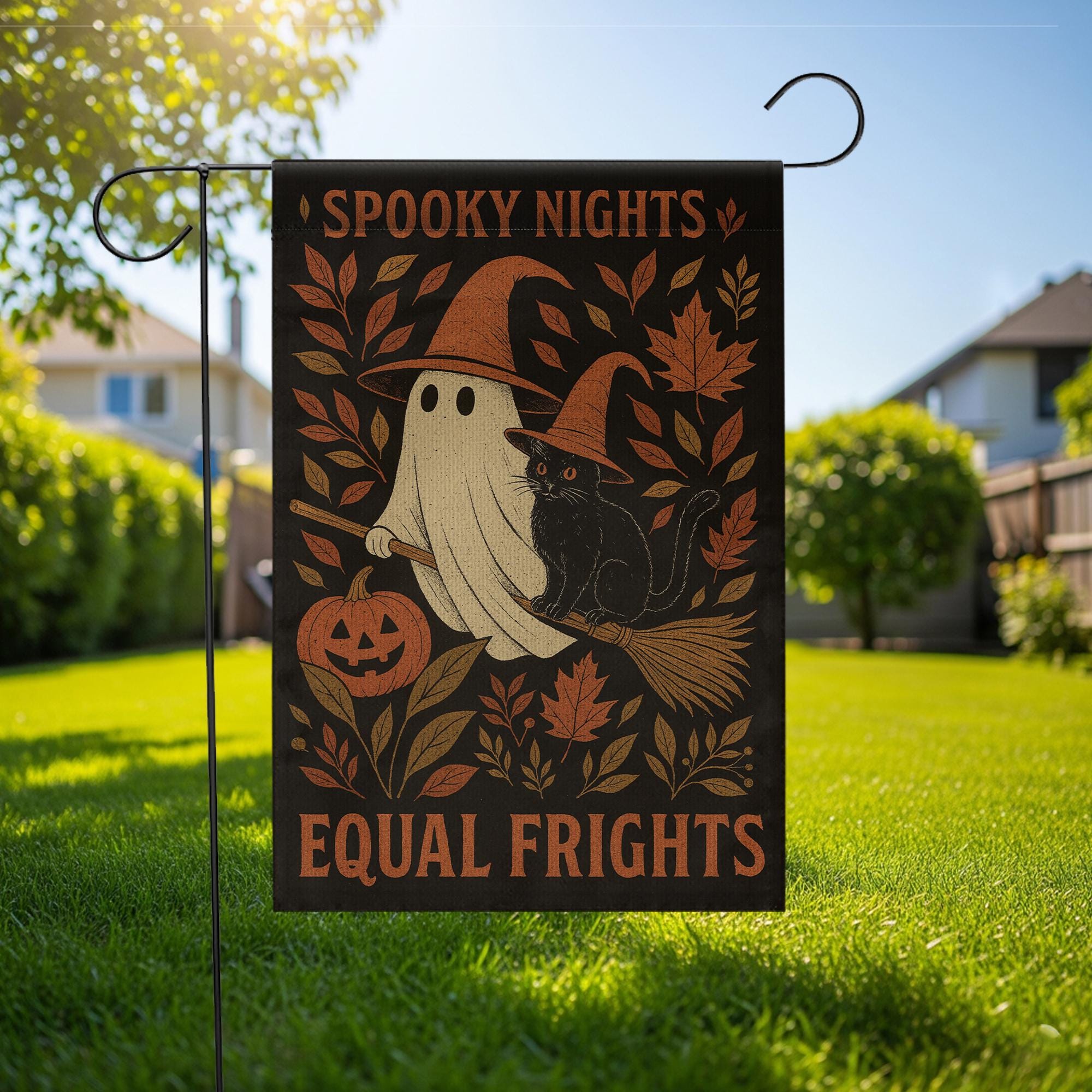 Equal Frights for all Garden Flag | Ghost and Black Cat Outdoor Yard Decor