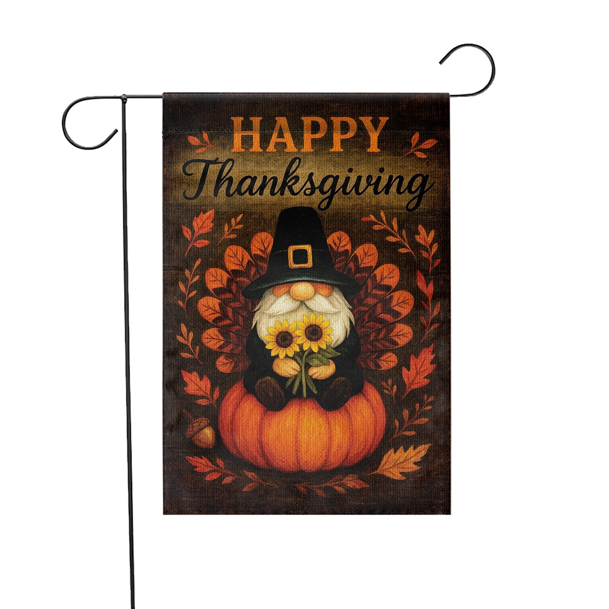 Happy Thanksgiving Garden Flag: Autumn Gnome Pumpkin Outdoor Flag