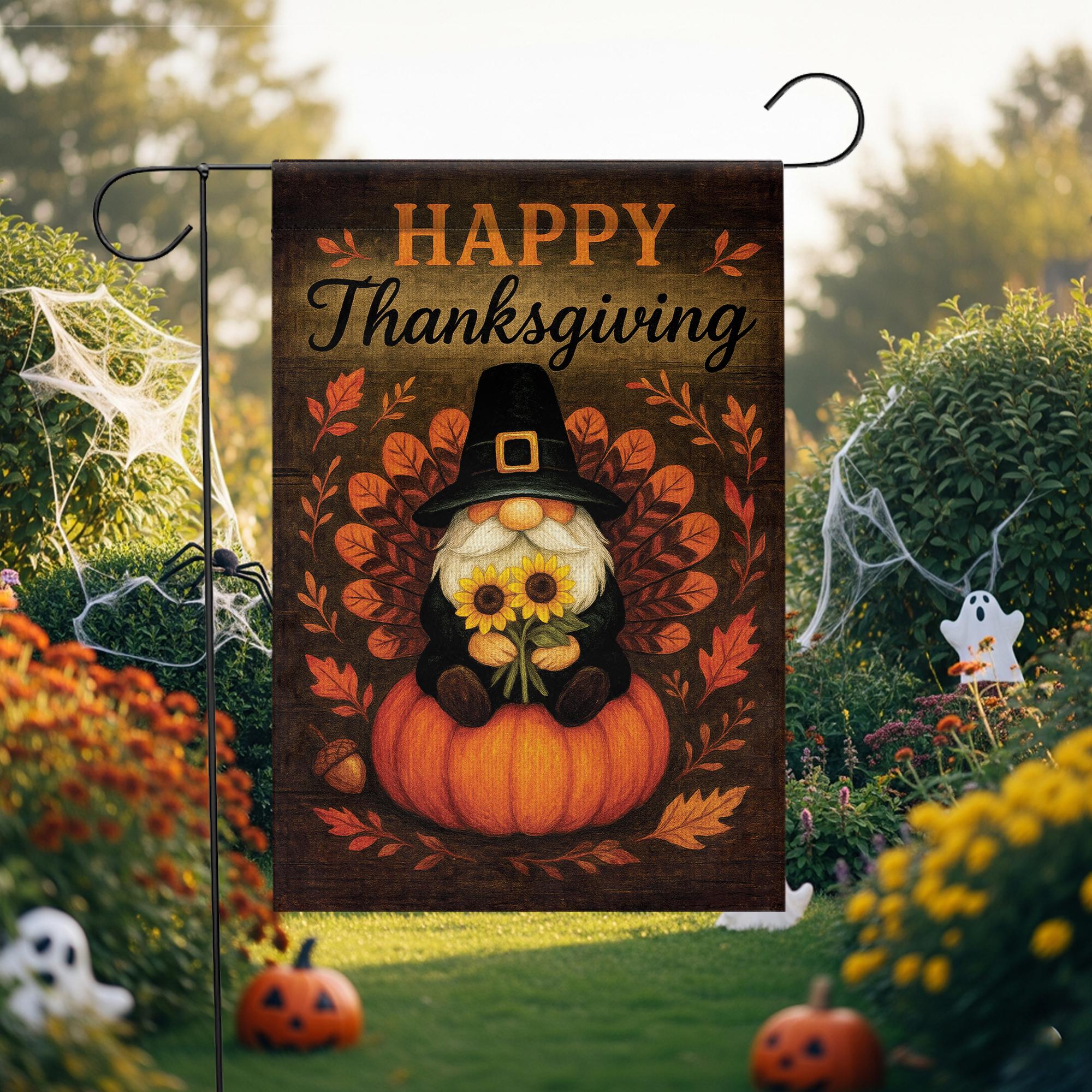 Happy Thanksgiving Garden Flag: Autumn Gnome Pumpkin Outdoor Flag