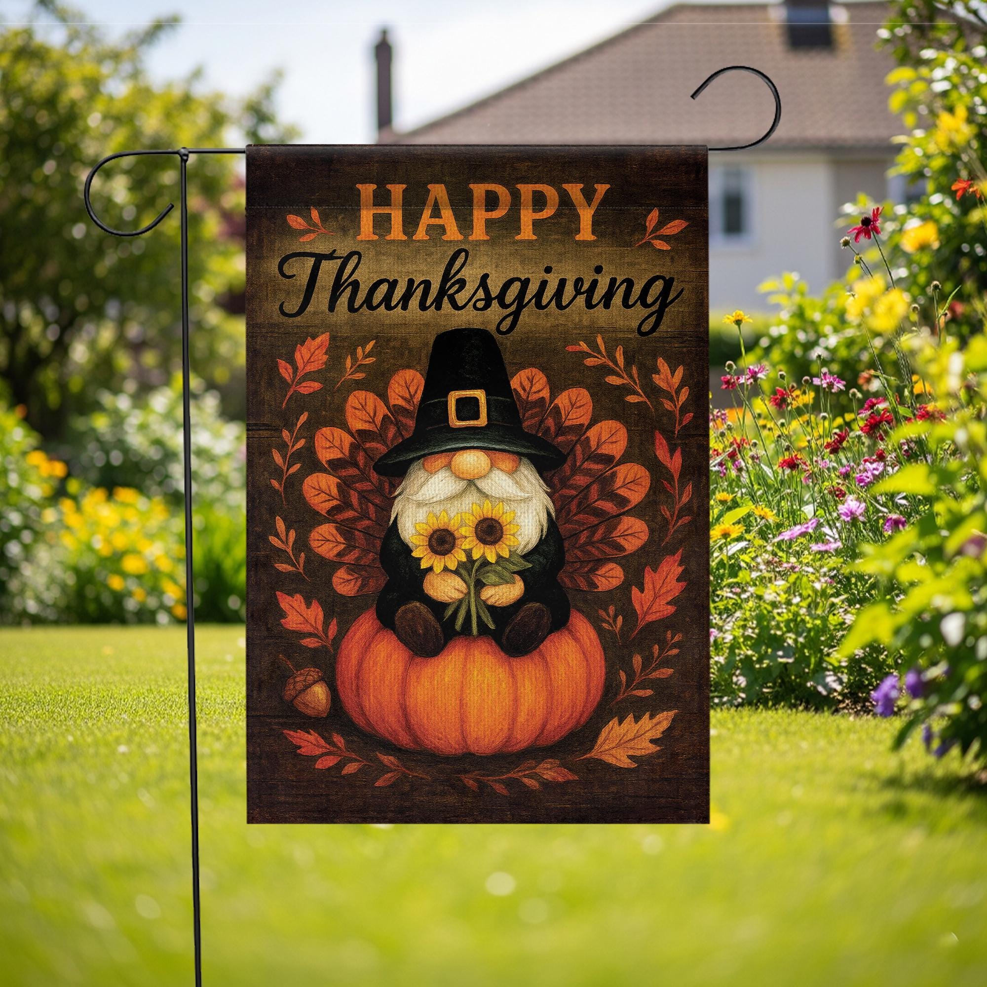 Happy Thanksgiving Garden Flag: Autumn Gnome Pumpkin Outdoor Flag
