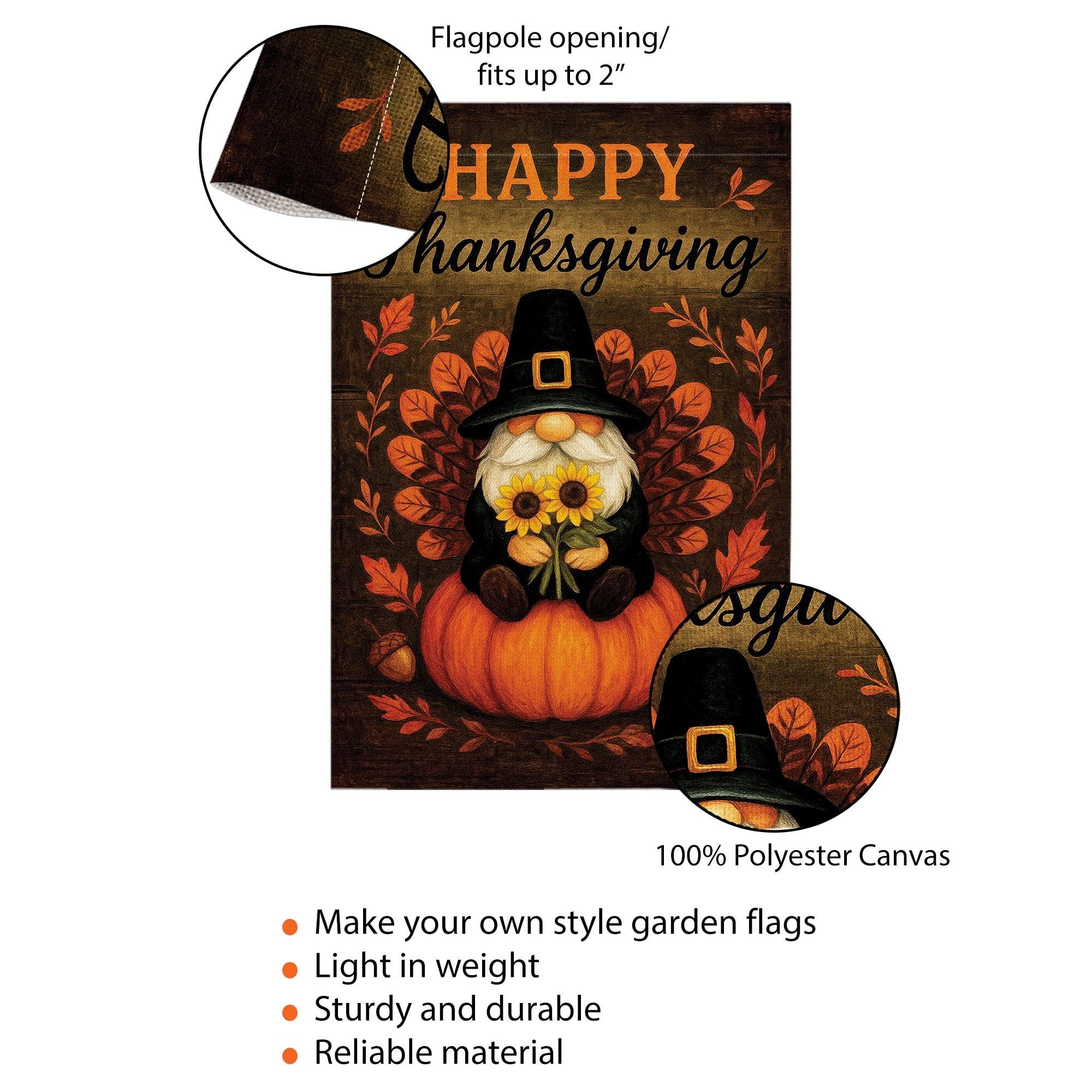 Happy Thanksgiving Garden Flag: Autumn Gnome Pumpkin Outdoor Flag