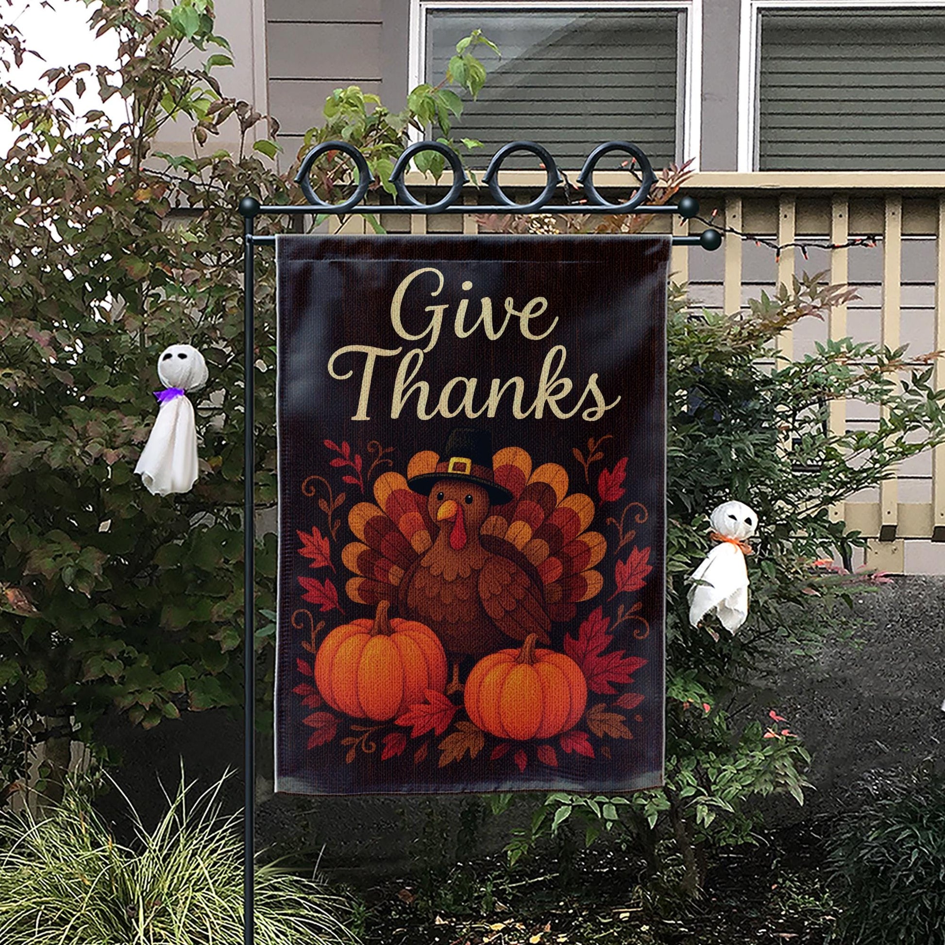 Give Thanks Garden Flag: Thanksgiving Turkey Pumpkins Yard Decor