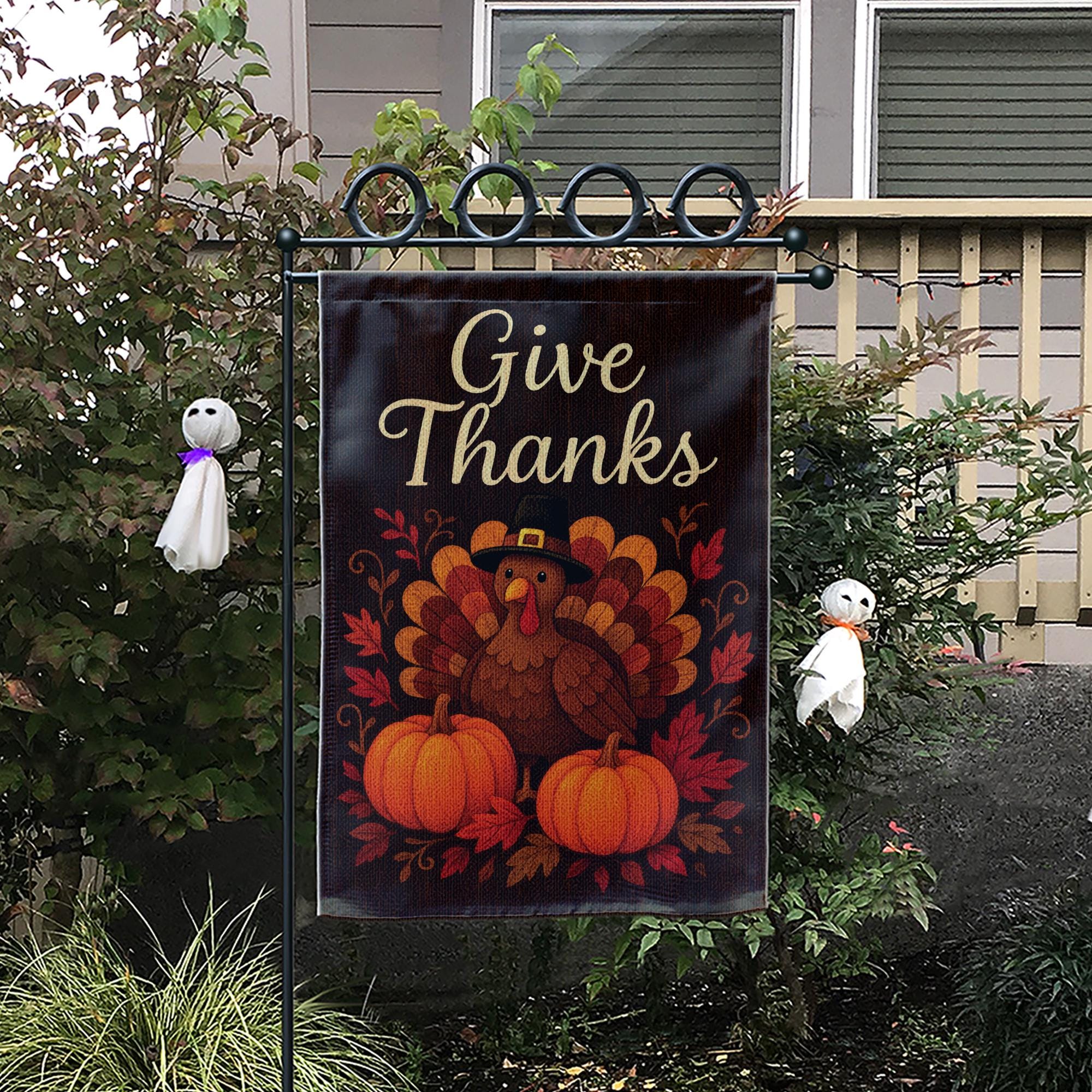 Give Thanks Garden Flag: Thanksgiving Turkey Pumpkins Yard Decor