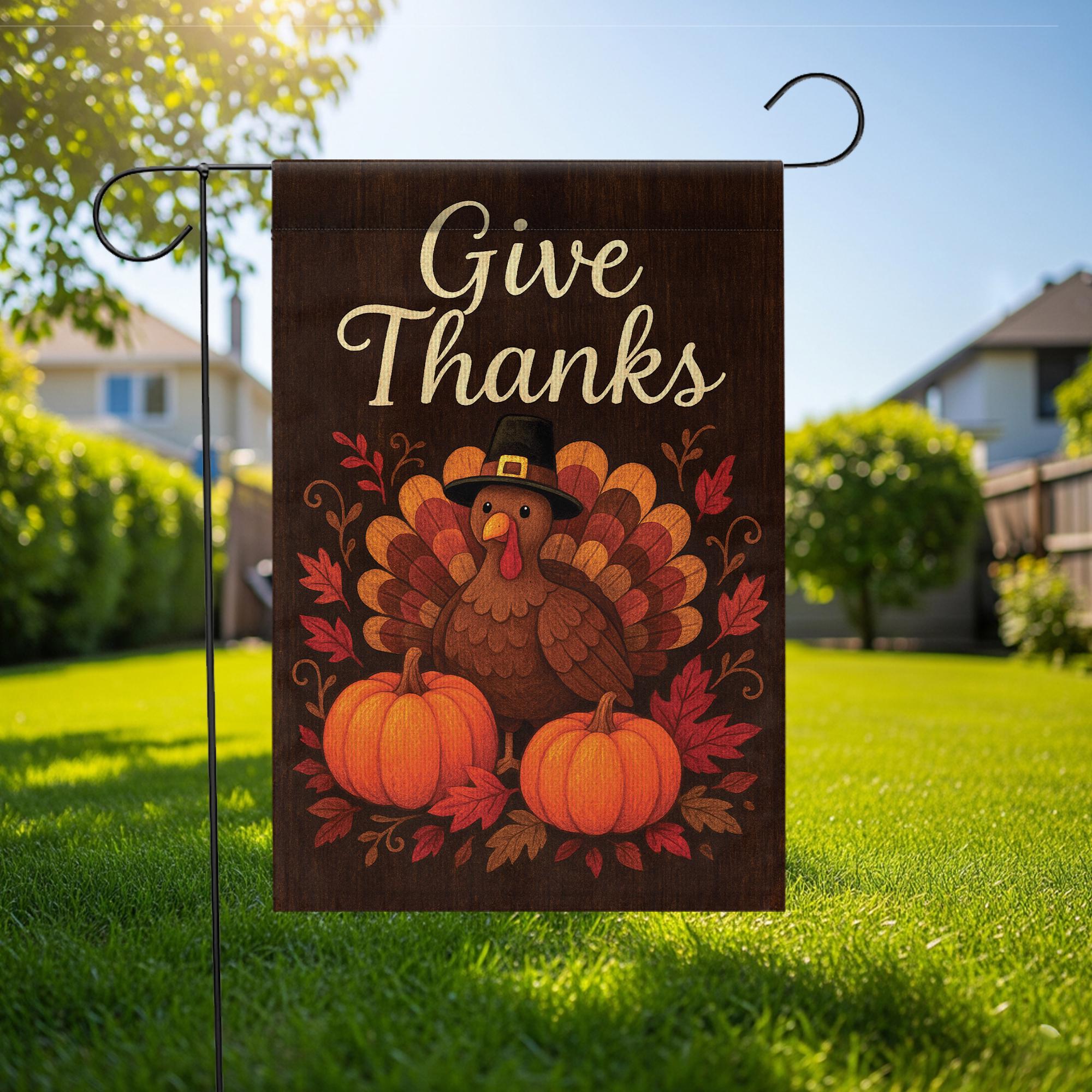 Give Thanks Garden Flag: Thanksgiving Turkey Pumpkins Yard Decor