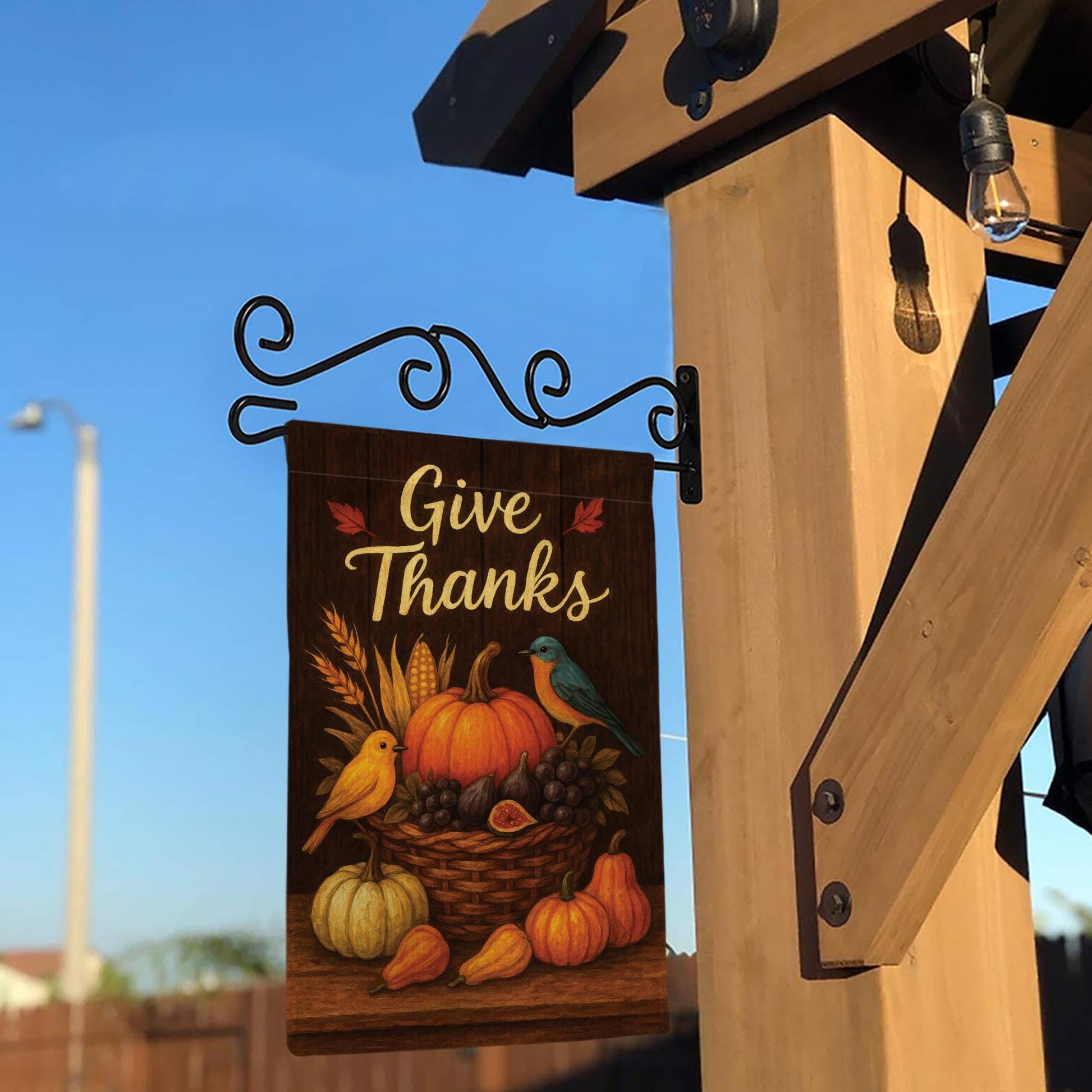 Give Thanks Garden Flag: Rustic Autumn Harvest Pumpkins & Birds Yard Decor